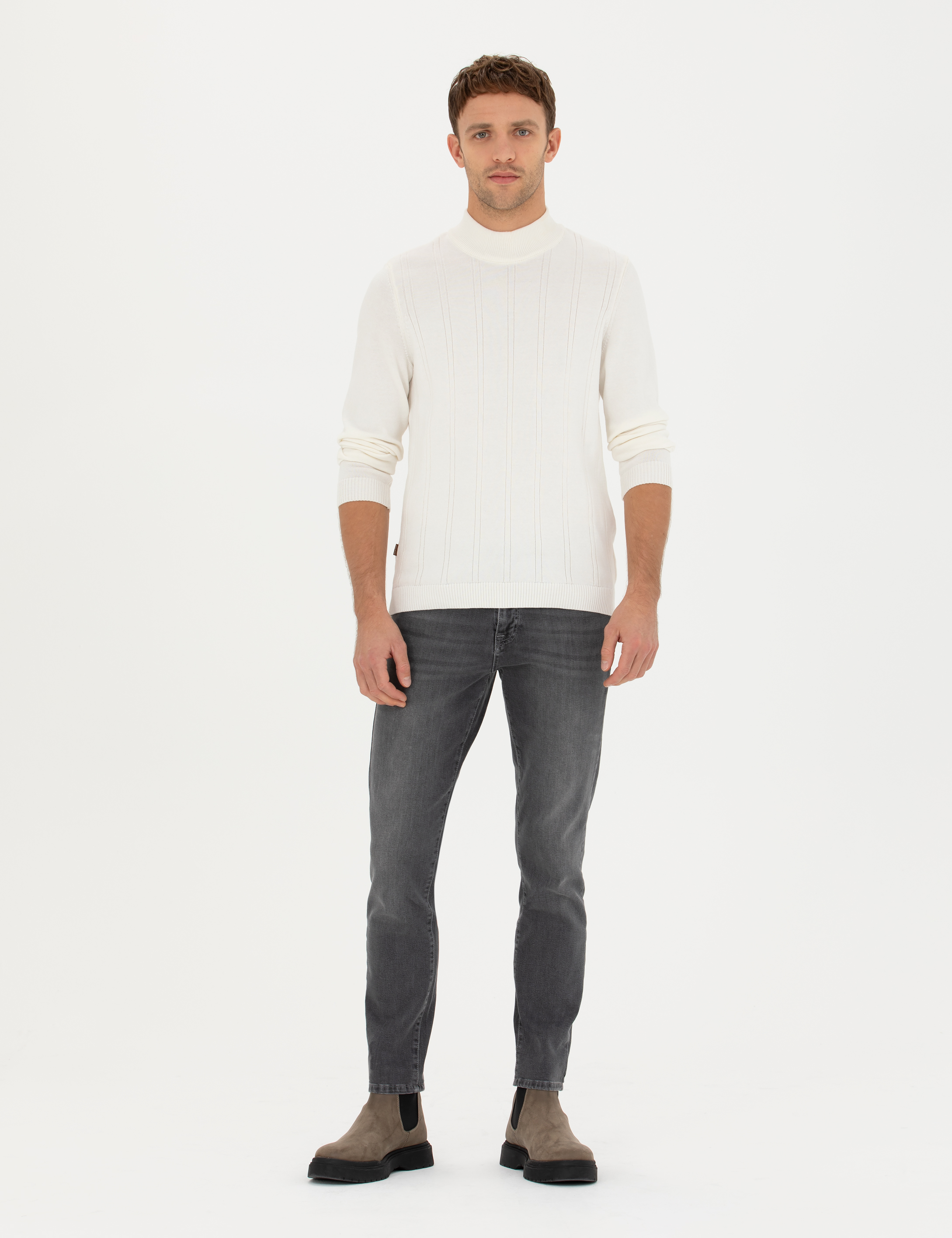 Ekru Slim Fit Yarım Balıkçı Yaka Triko Kazak - Image 4