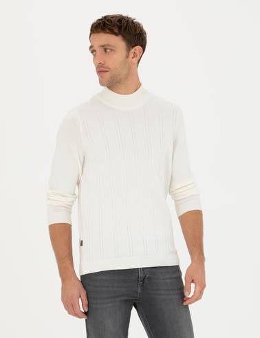 Ekru Slim Fit Yarım Balıkçı Yaka Triko Kazak