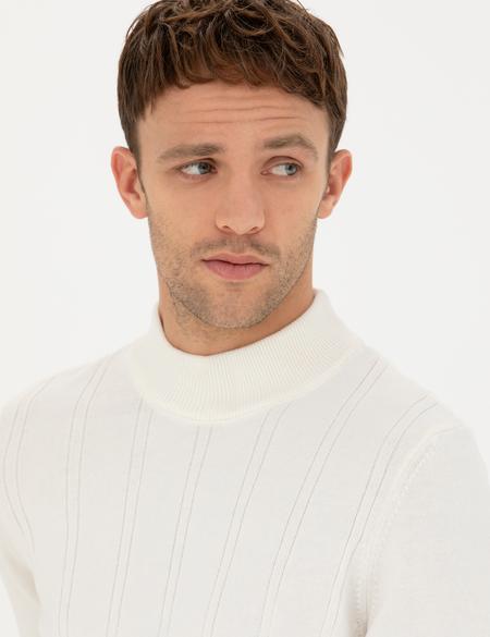 Ekru Slim Fit Yarım Balıkçı Yaka Triko Kazak - 50281851021