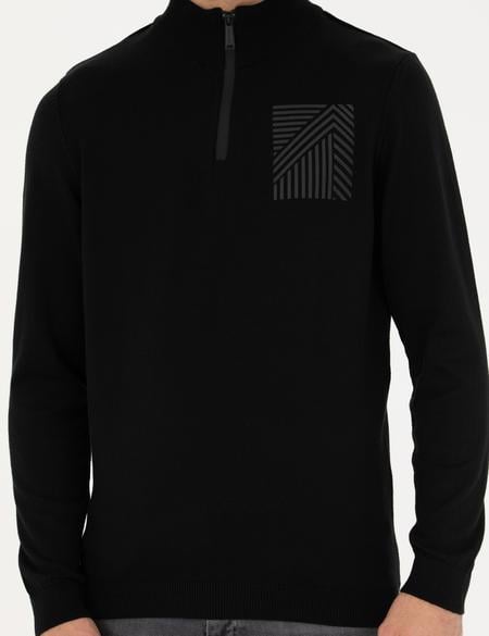 Siyah Slim Fit Fermuarlı Dik Yaka Triko Kazak - 50279431008