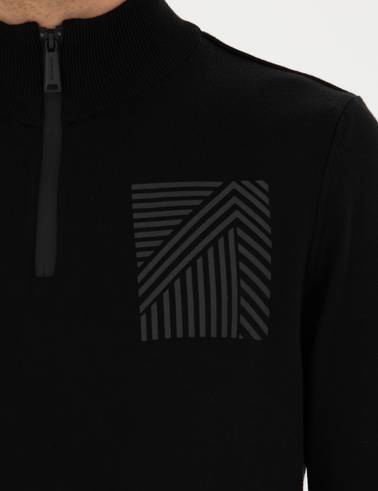 Siyah Slim Fit Fermuarlı Dik Yaka Triko Kazak