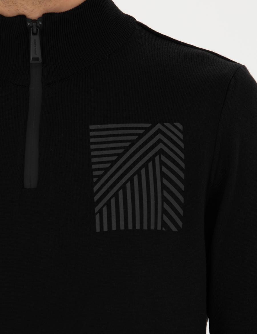 Siyah Slim Fit Fermuarlı Dik Yaka Triko Kazak