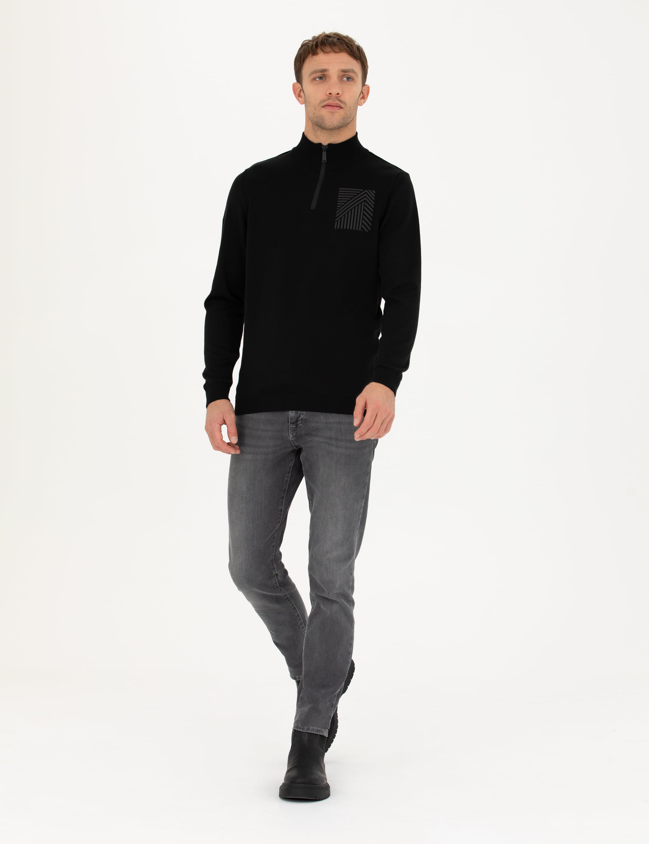 Pierre Cardin Siyah Slim Fit Fermuarlı Dik Yaka Triko Kazak görsel 4