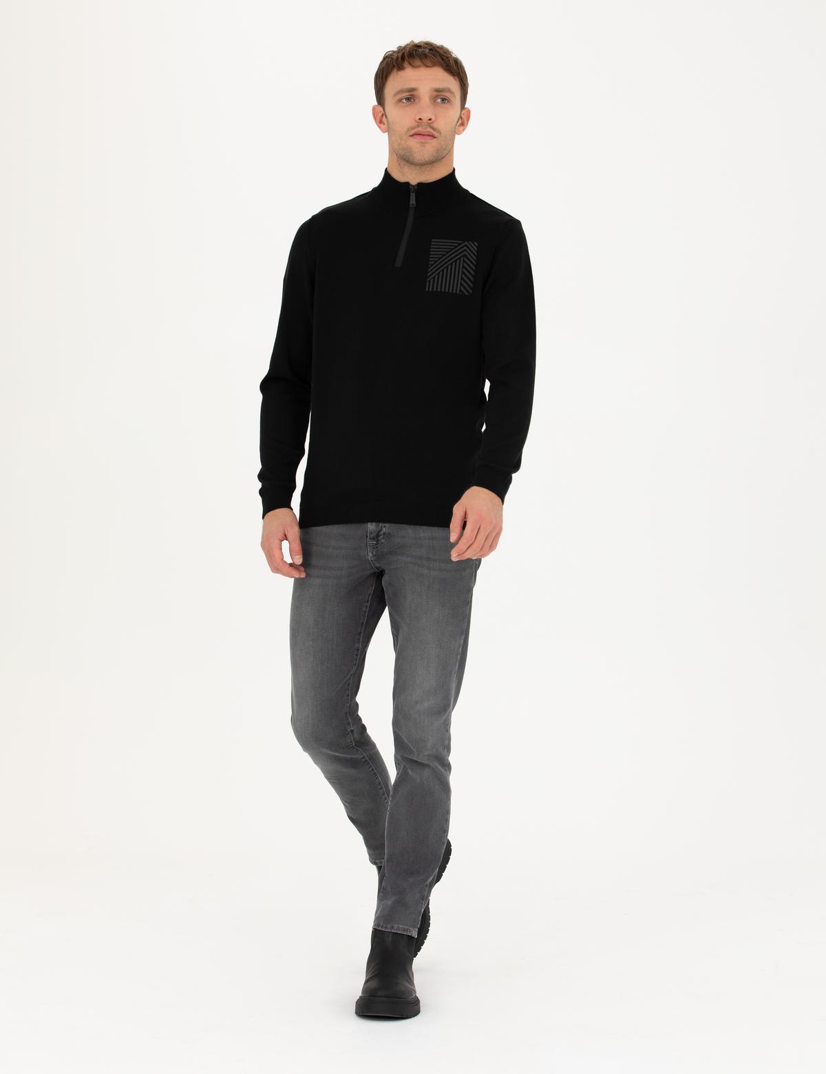 Siyah Slim Fit Fermuarlı Dik Yaka Triko Kazak - 50279431008