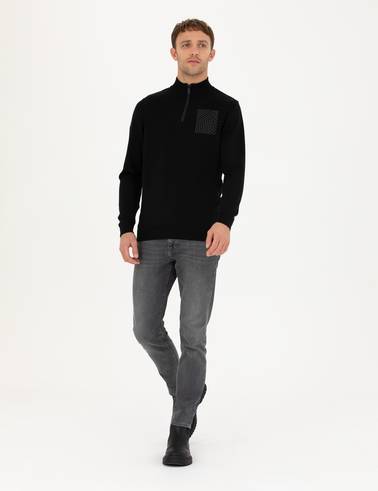 Siyah Slim Fit Fermuarlı Dik Yaka Triko Kazak