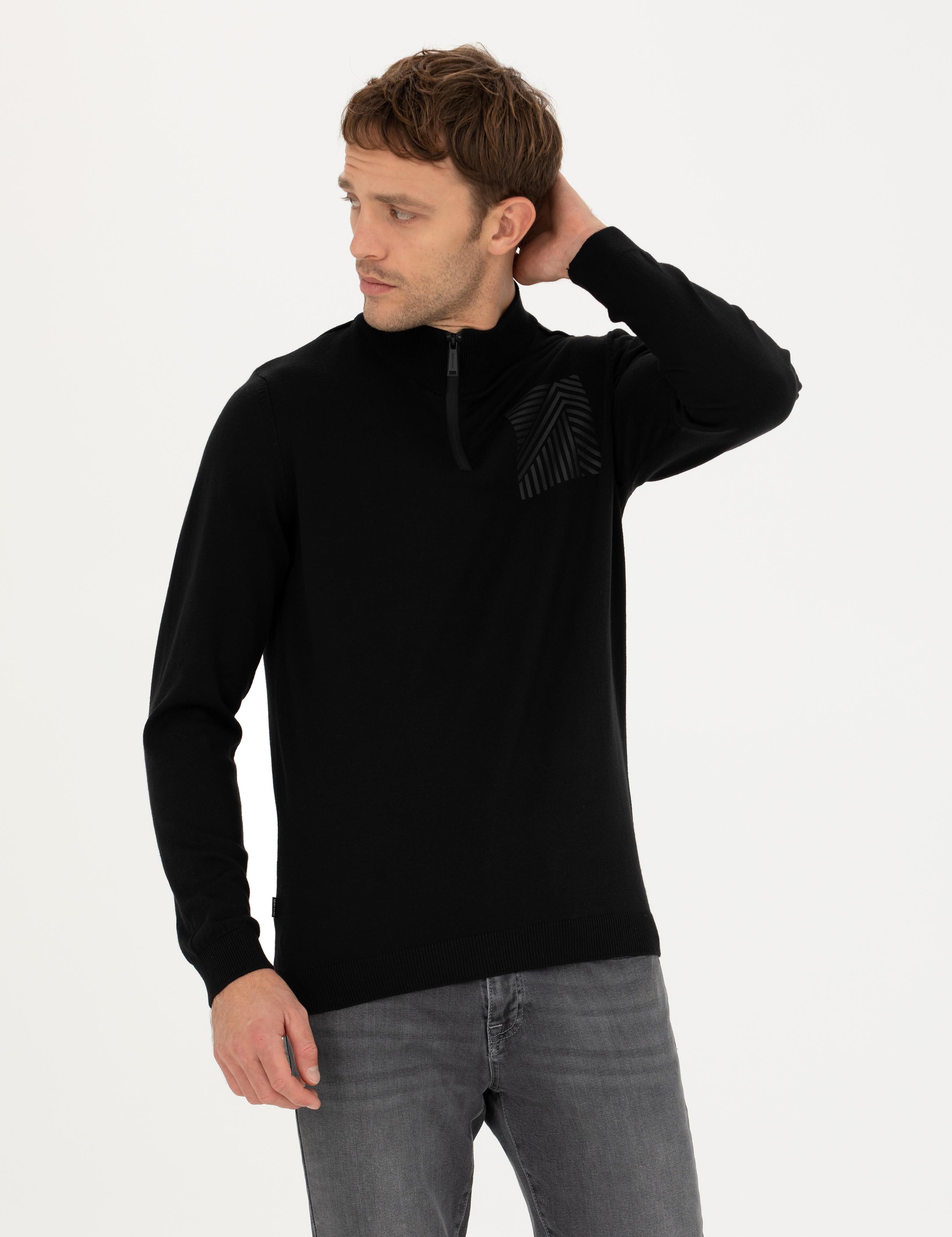 Siyah Slim Fit Fermuarlı Dik Yaka Triko Kazak