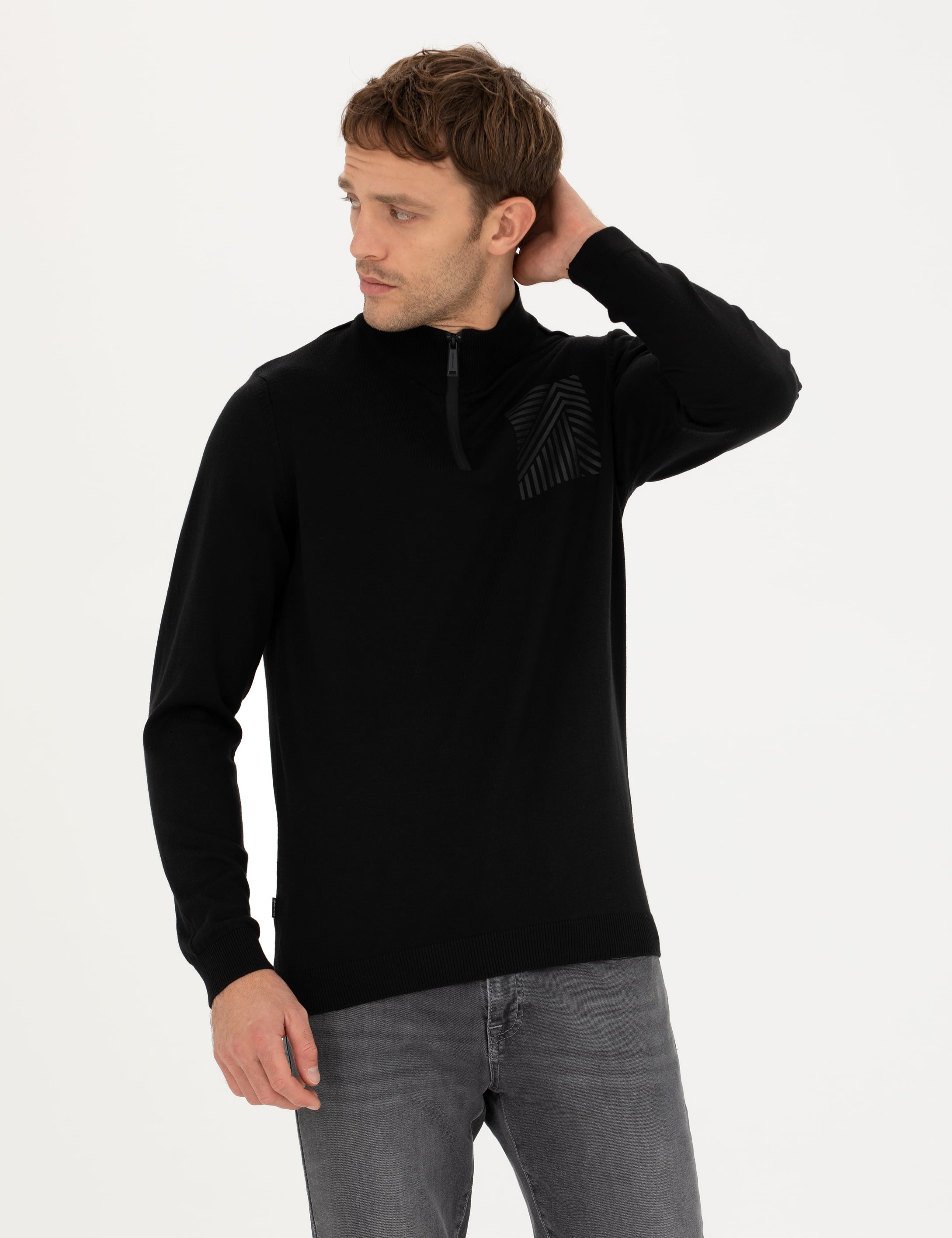 Siyah Slim Fit Fermuarlı Dik Yaka Triko Kazak - Image 1
