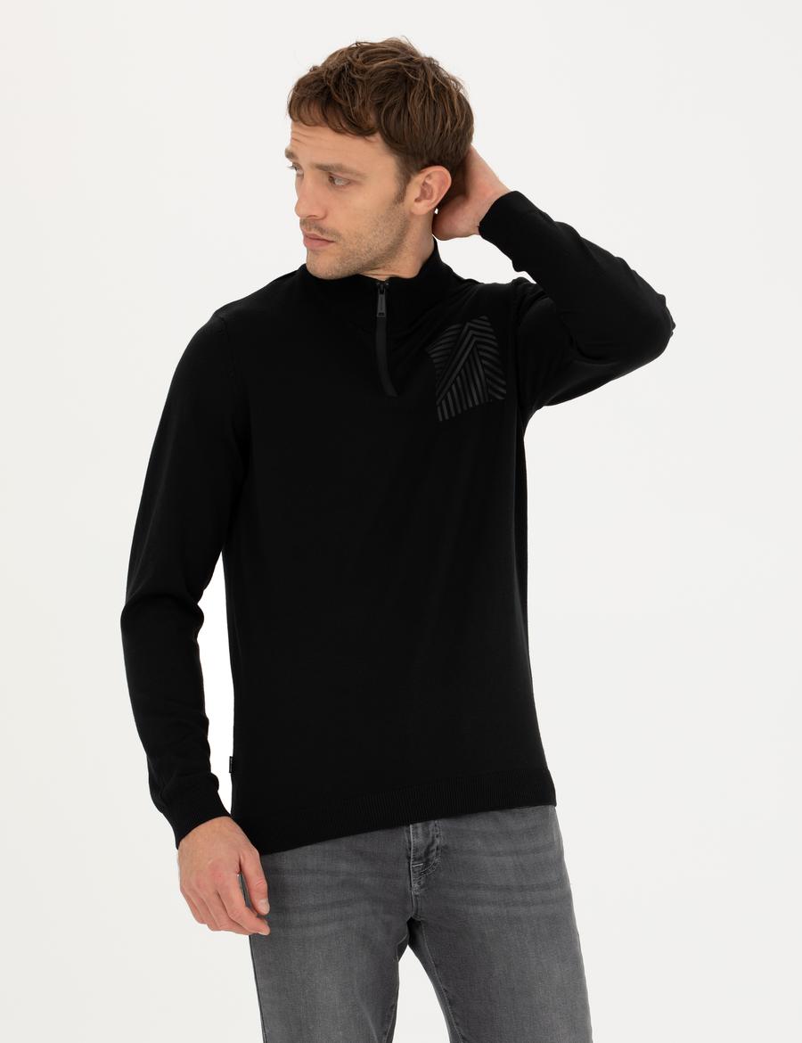 Siyah Slim Fit Fermuarlı Dik Yaka Triko Kazak