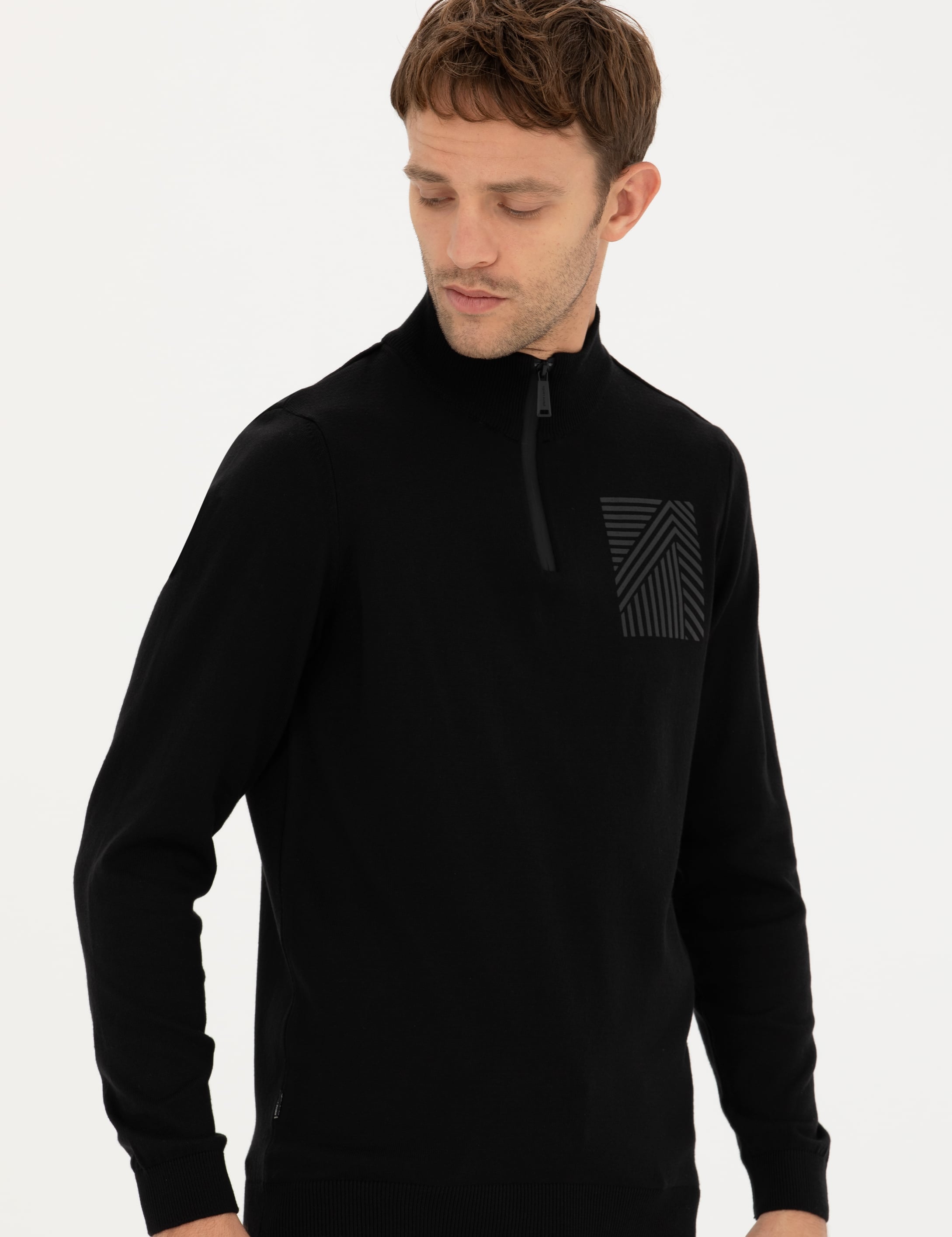 Pierre Cardin Siyah Slim Fit Fermuarlı Dik Yaka Triko Kazak görsel 3