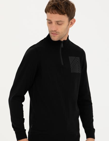 Siyah Slim Fit Fermuarlı Dik Yaka Triko Kazak - 50279431008