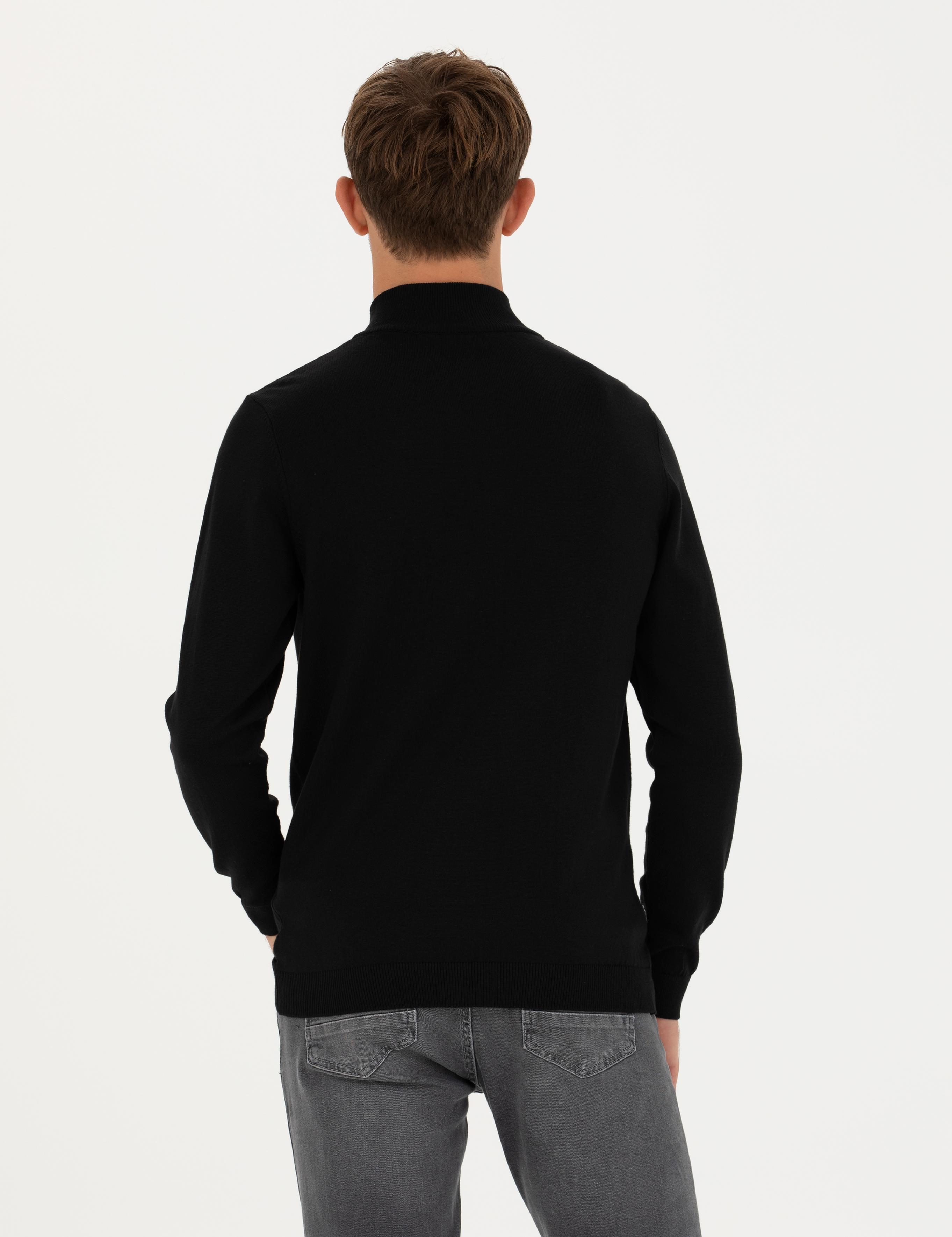 Siyah Slim Fit Fermuarlı Dik Yaka Triko Kazak