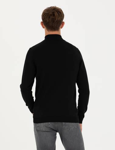 Siyah Slim Fit Fermuarlı Dik Yaka Triko Kazak