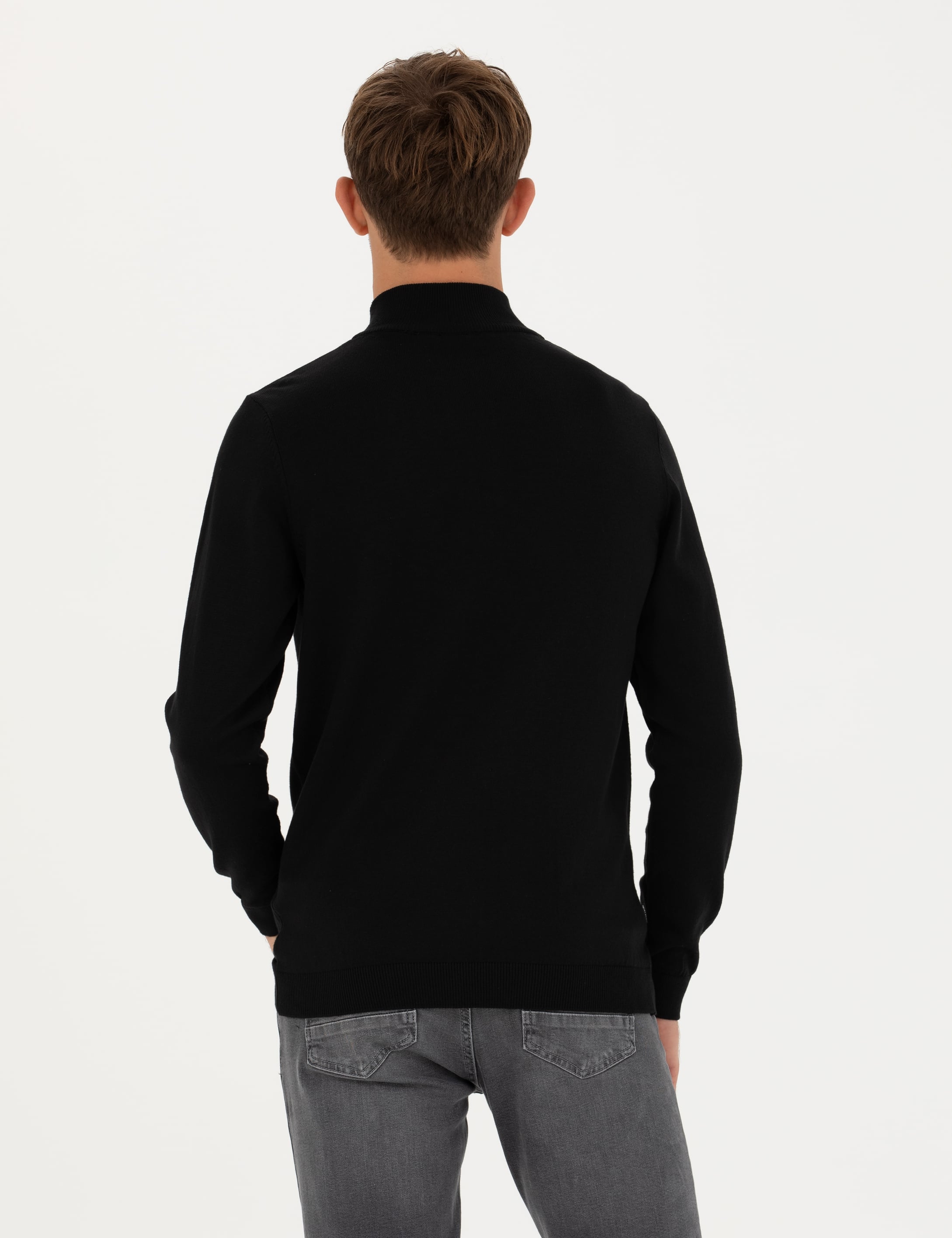 Siyah Slim Fit Fermuarlı Dik Yaka Triko Kazak