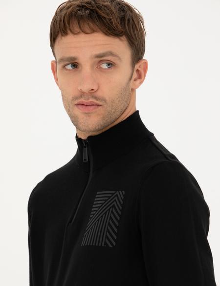 Siyah Slim Fit Fermuarlı Dik Yaka Triko Kazak - 50279431008