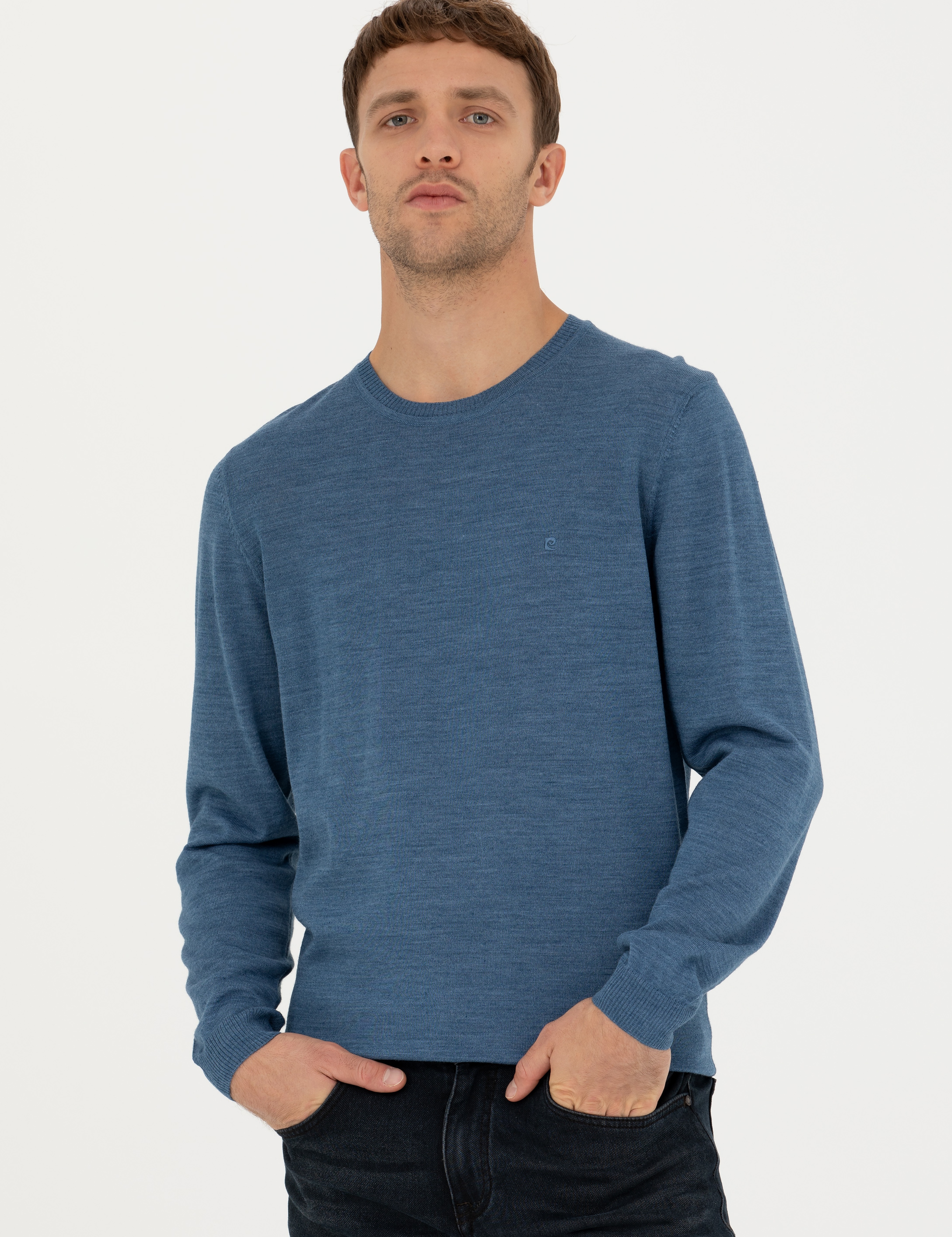 Mavi Slim Fit Bisiklet Yaka Yün Karışımlı Basic Triko Kazak - Image 3