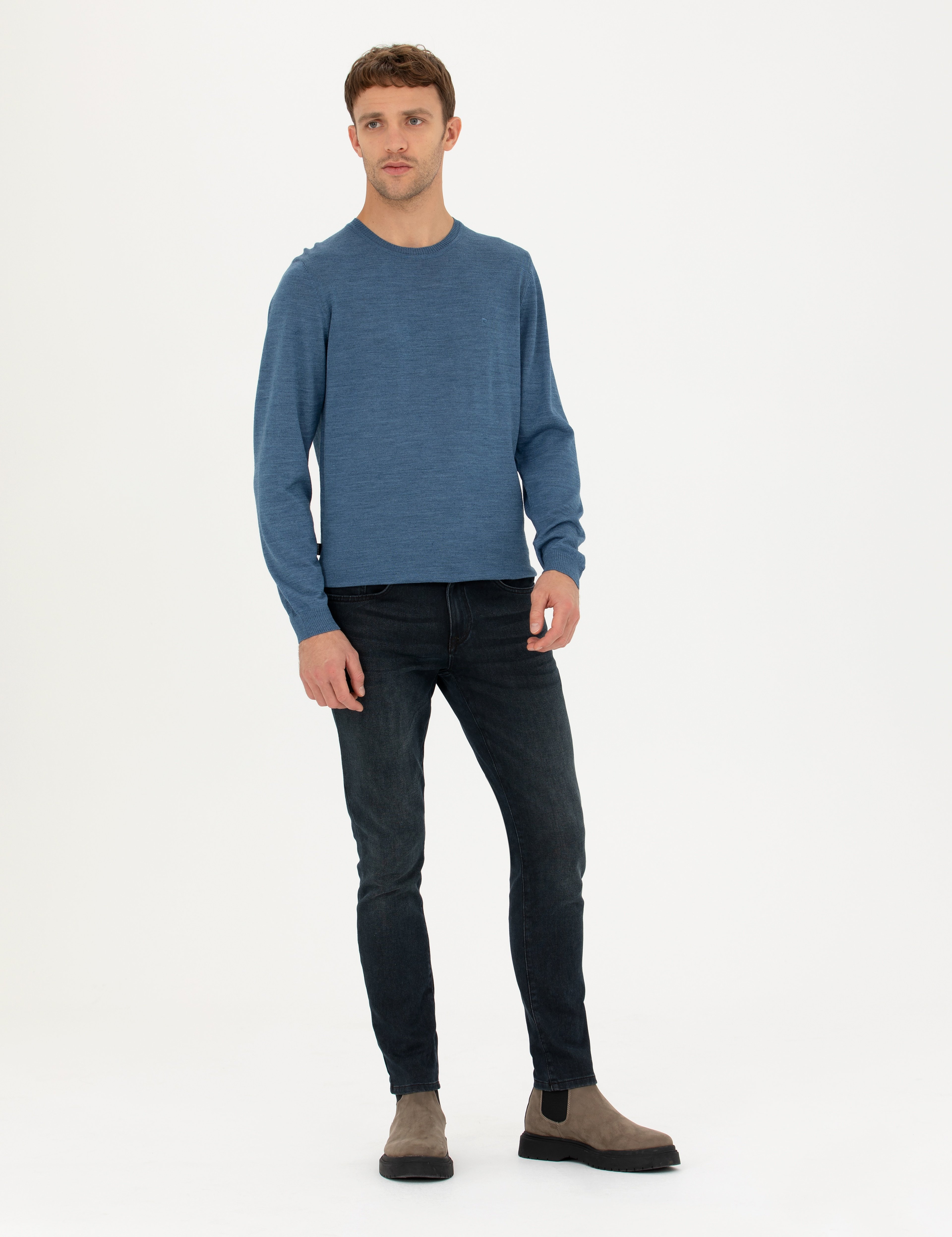 Mavi Slim Fit Bisiklet Yaka Yün Karışımlı Basic Triko Kazak - Image 4