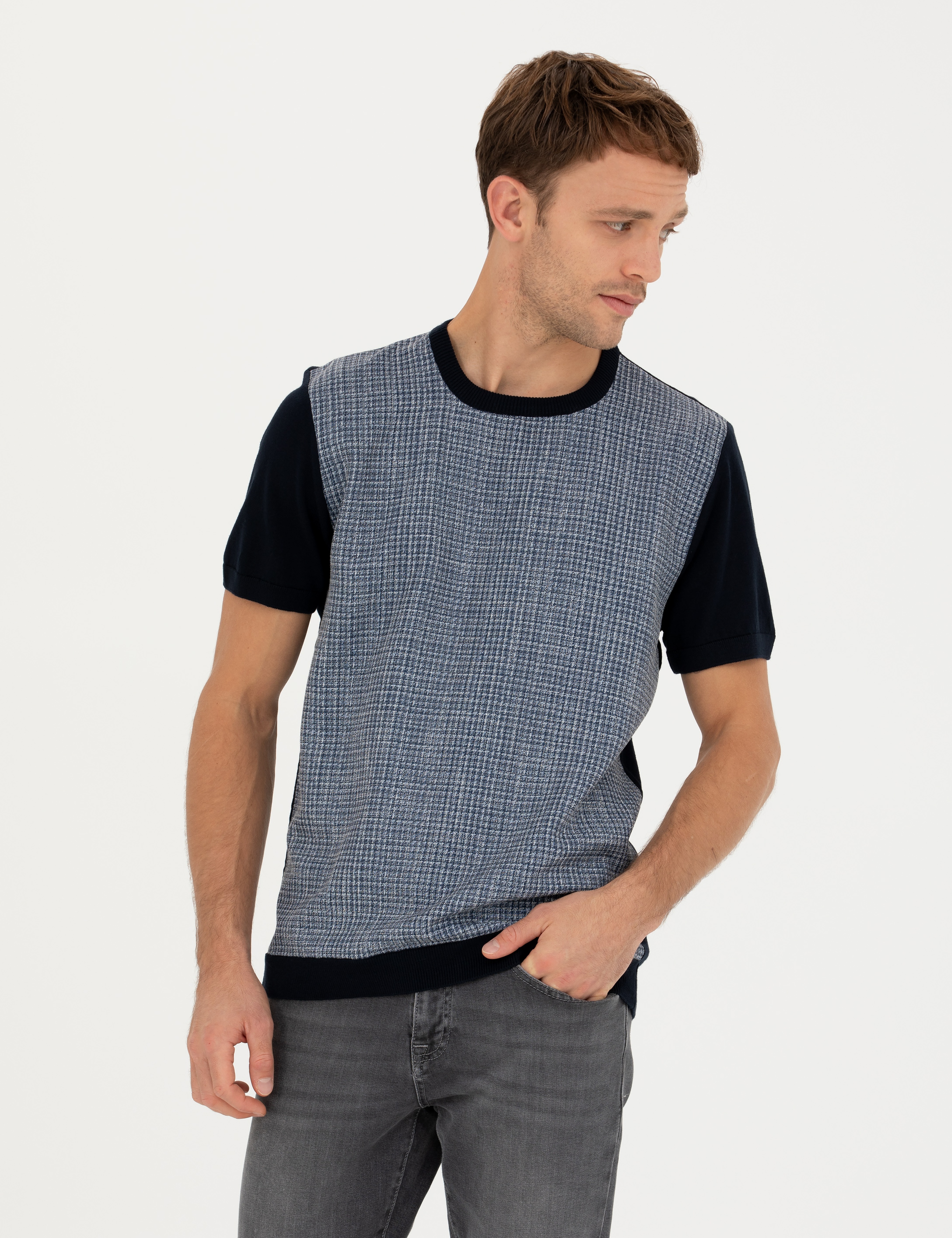 Lacivert Slim Fit Bisiklet Yaka Triko Tişört - Image 1
