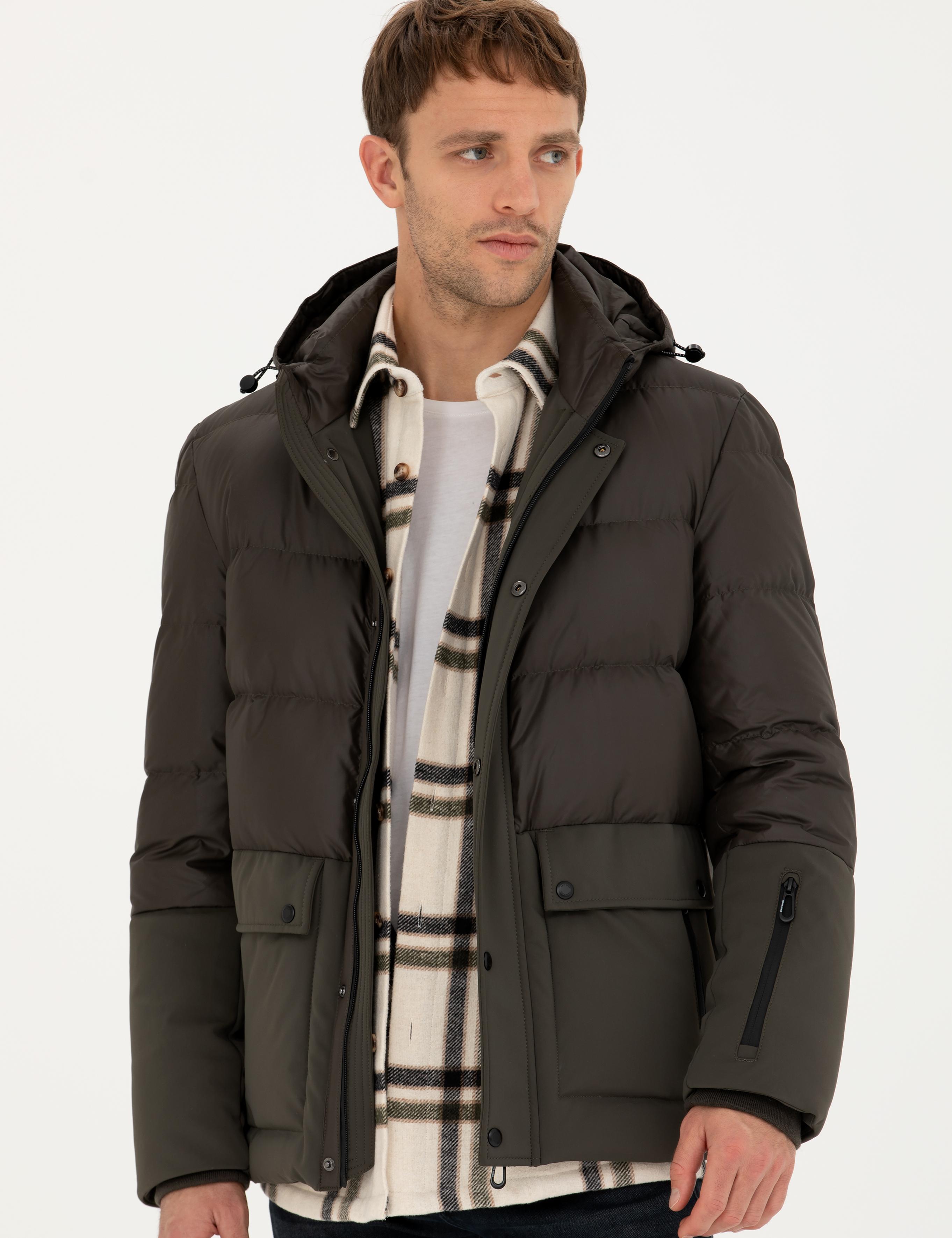 Haki Kapüşonlu Kapitone Spor Cepli Mont