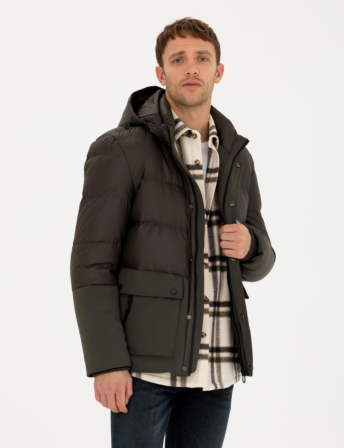 Haki Kapüşonlu Kapitone Spor Cepli Mont