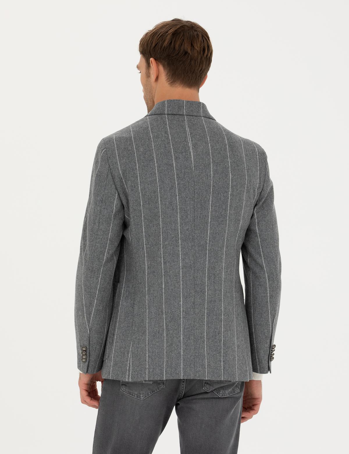 %100 Yün Kruvaze Çizgili Ceket - 50274536008