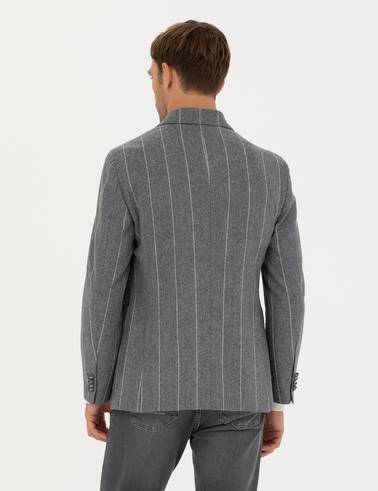 Gri Ex.Slim Fit %100 Yün Çizgili Kruvaze Ceket