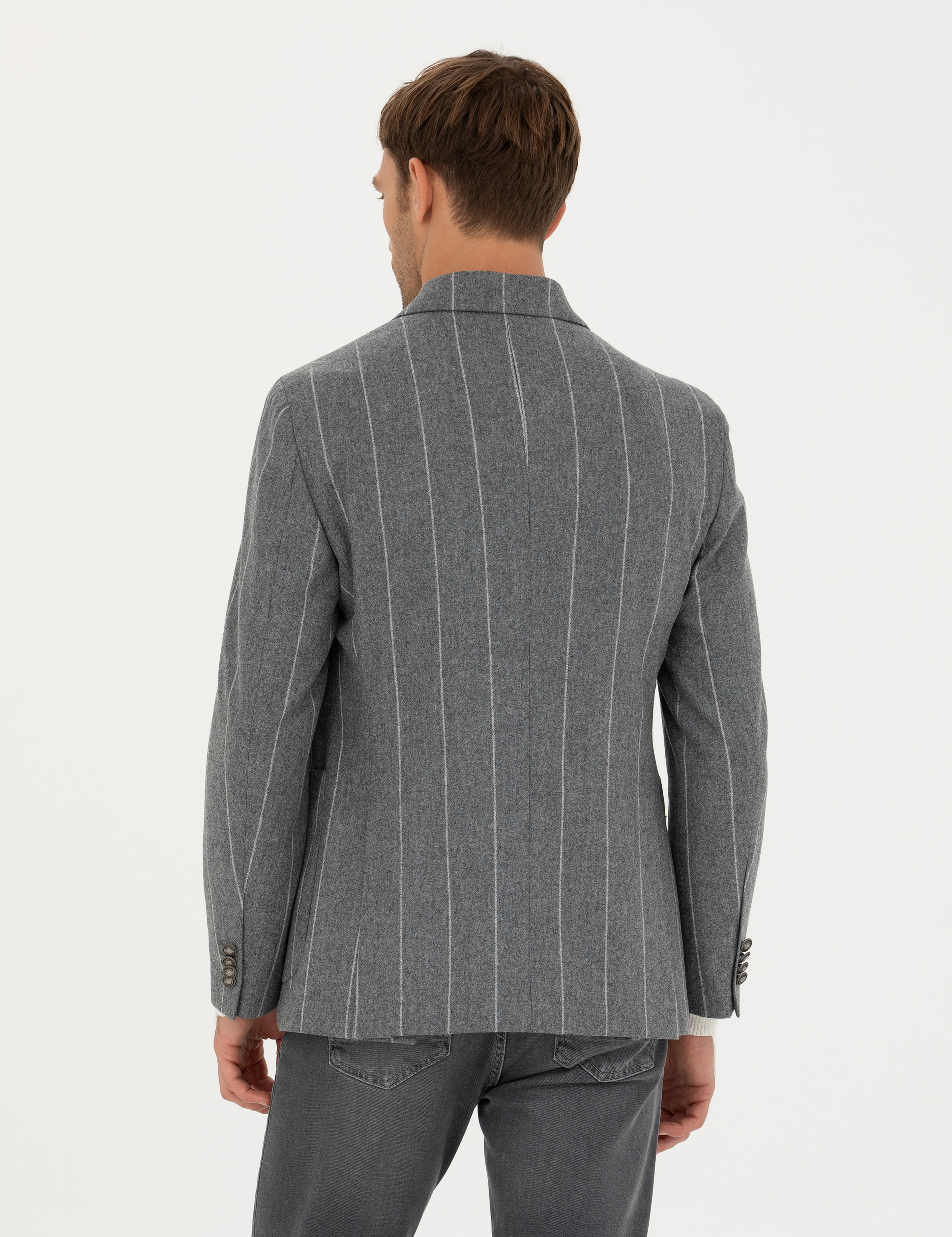 Gri Ex.Slim Fit %100 Yün Çizgili Kruvaze Ceket - Image 5