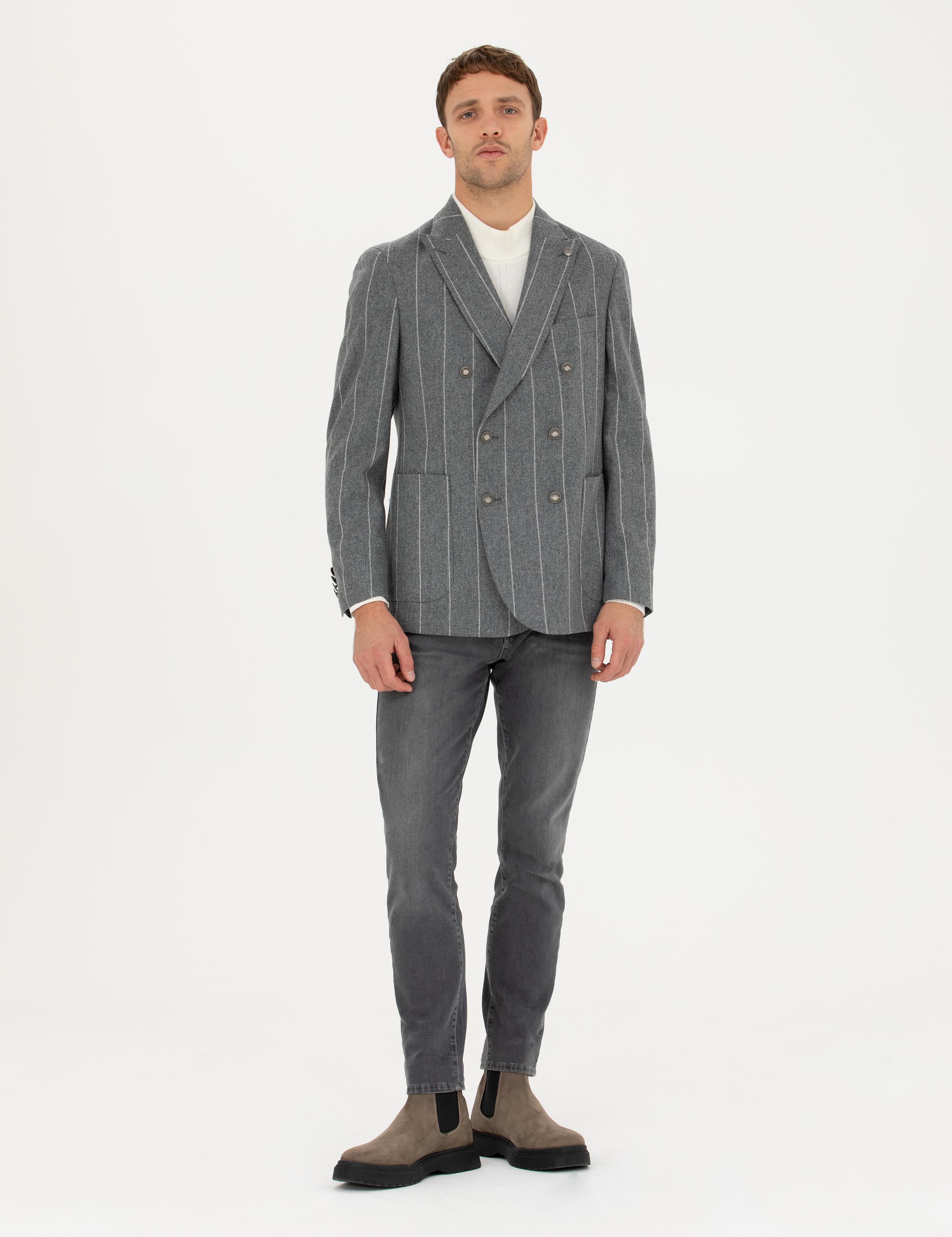 %100 Yün Kruvaze Çizgili Ceket