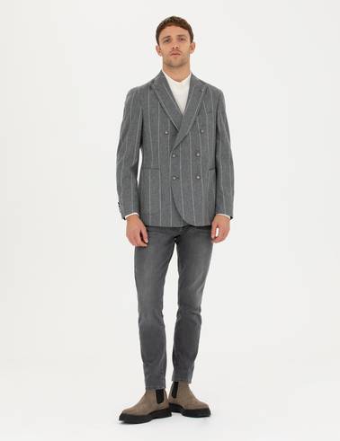 Gri Ex.Slim Fit %100 Yün Çizgili Kruvaze Ceket
