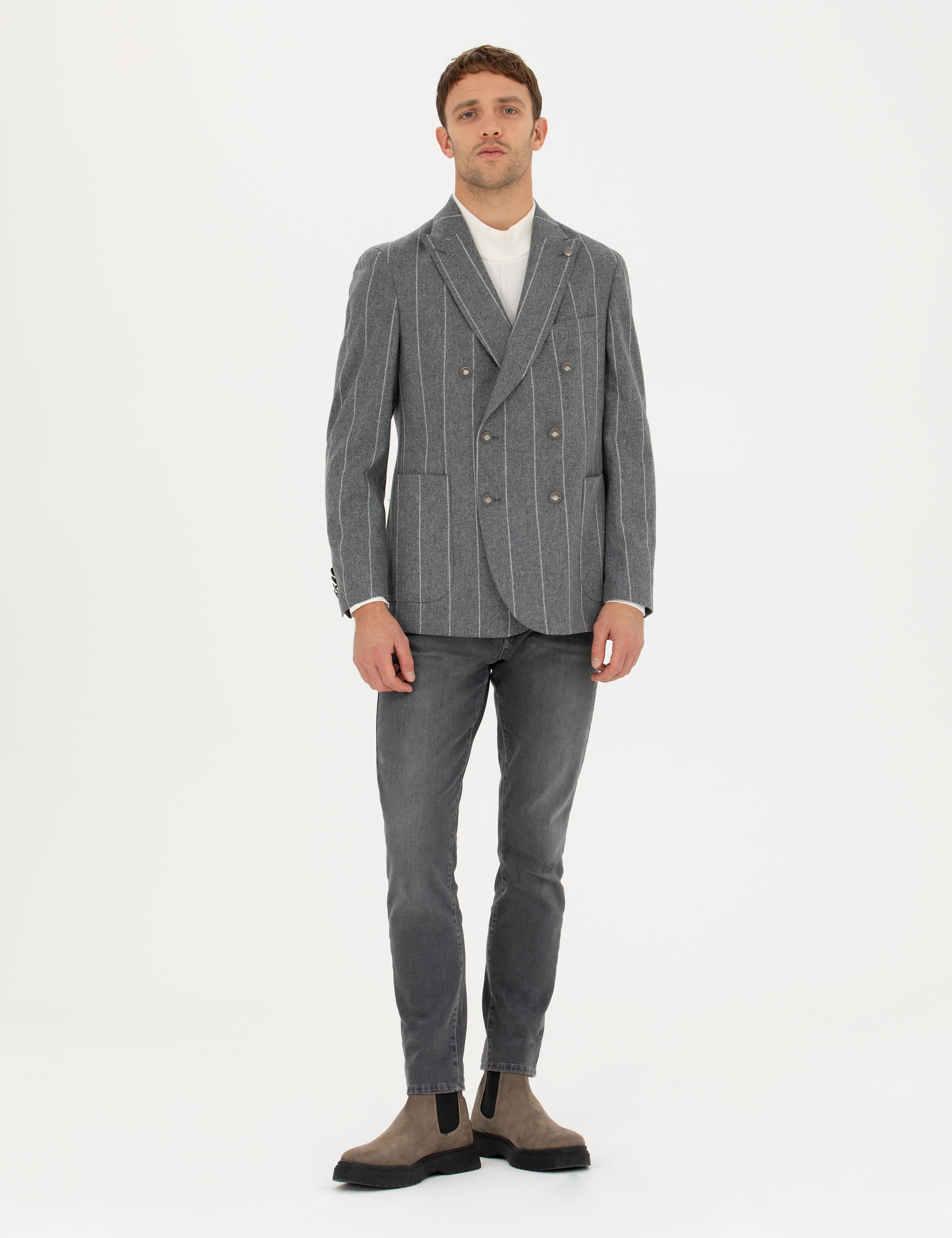 Gri Ex.Slim Fit %100 Yün Çizgili Kruvaze Ceket