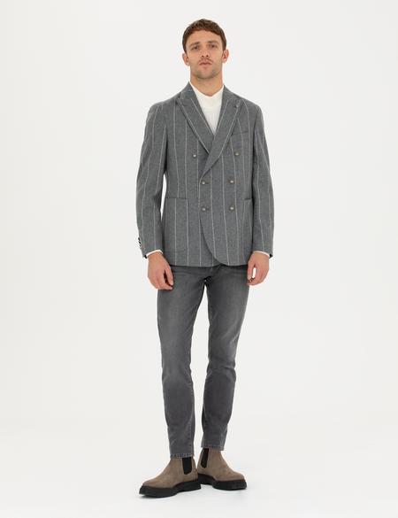 %100 Yün Kruvaze Çizgili Ceket - 50274536008