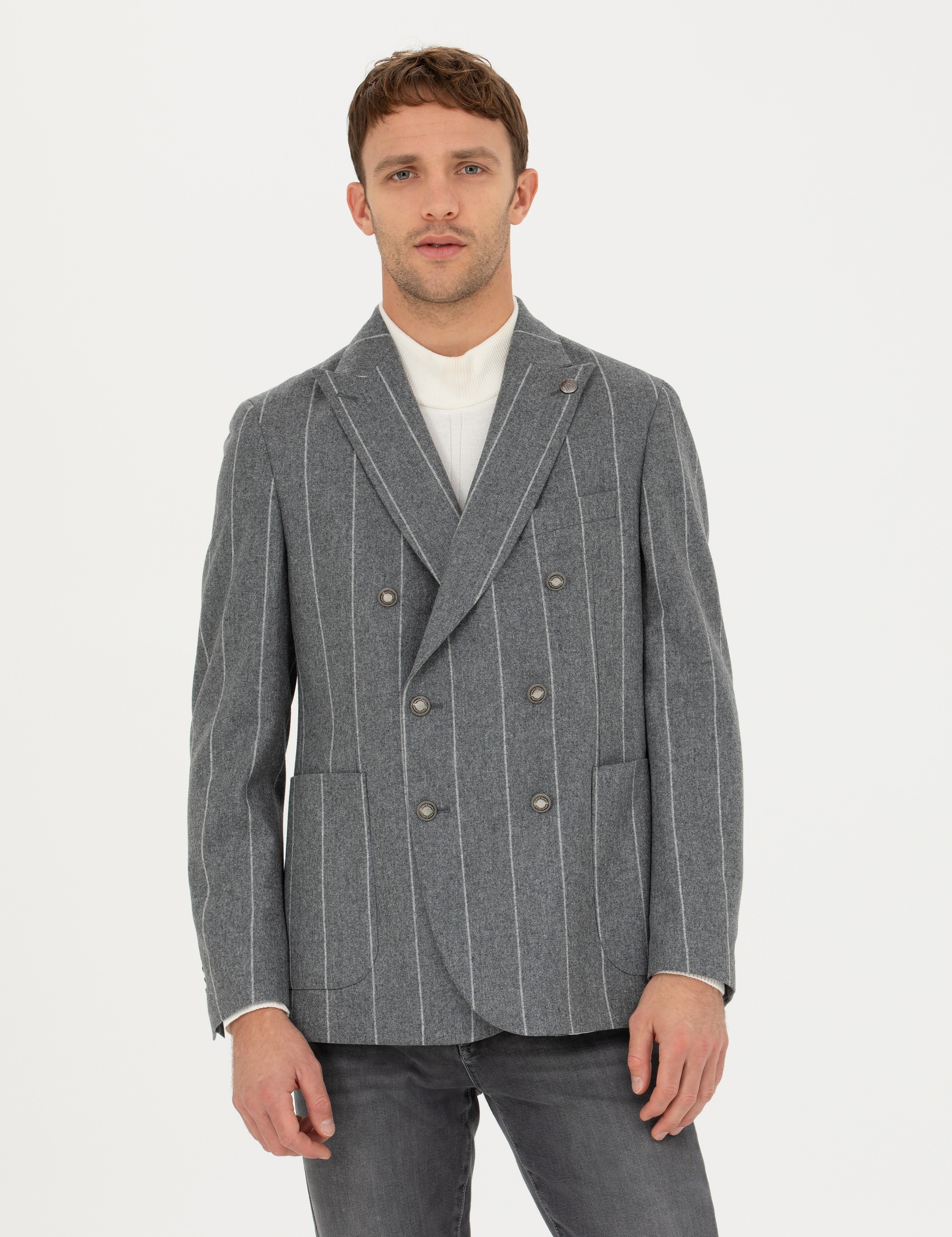 Gri Ex.Slim Fit %100 Yün Çizgili Kruvaze Ceket - Image 1