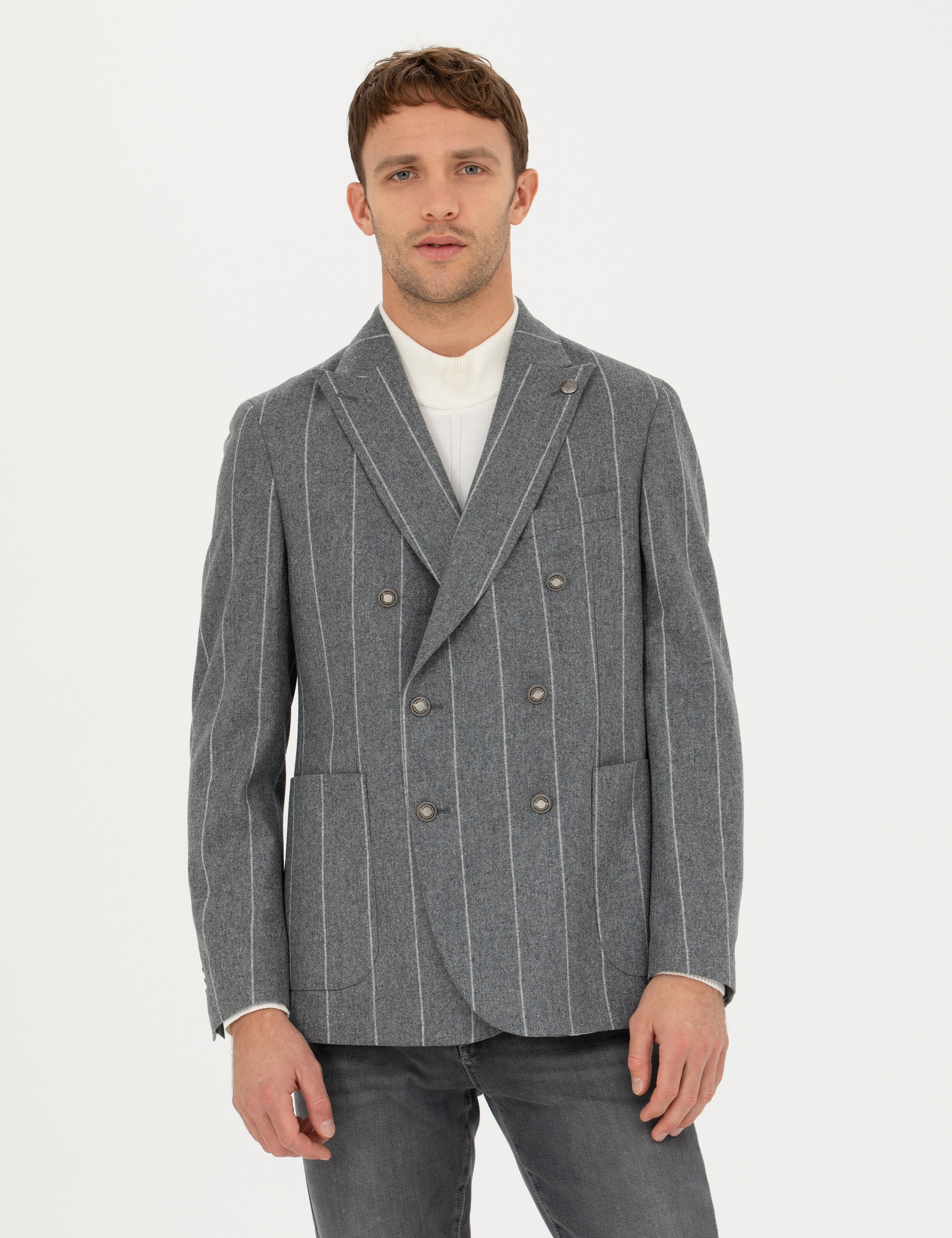 Gri Ex.Slim Fit %100 Yün Çizgili Kruvaze Ceket