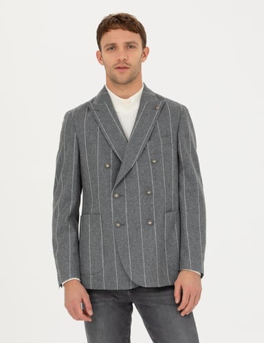 Gri Ex.Slim Fit %100 Yün Çizgili Kruvaze Ceket