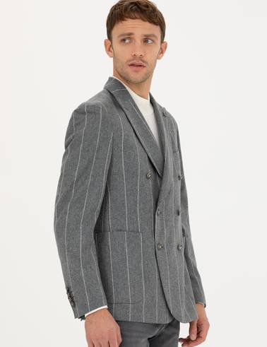 Gri Ex.Slim Fit %100 Yün Çizgili Kruvaze Ceket