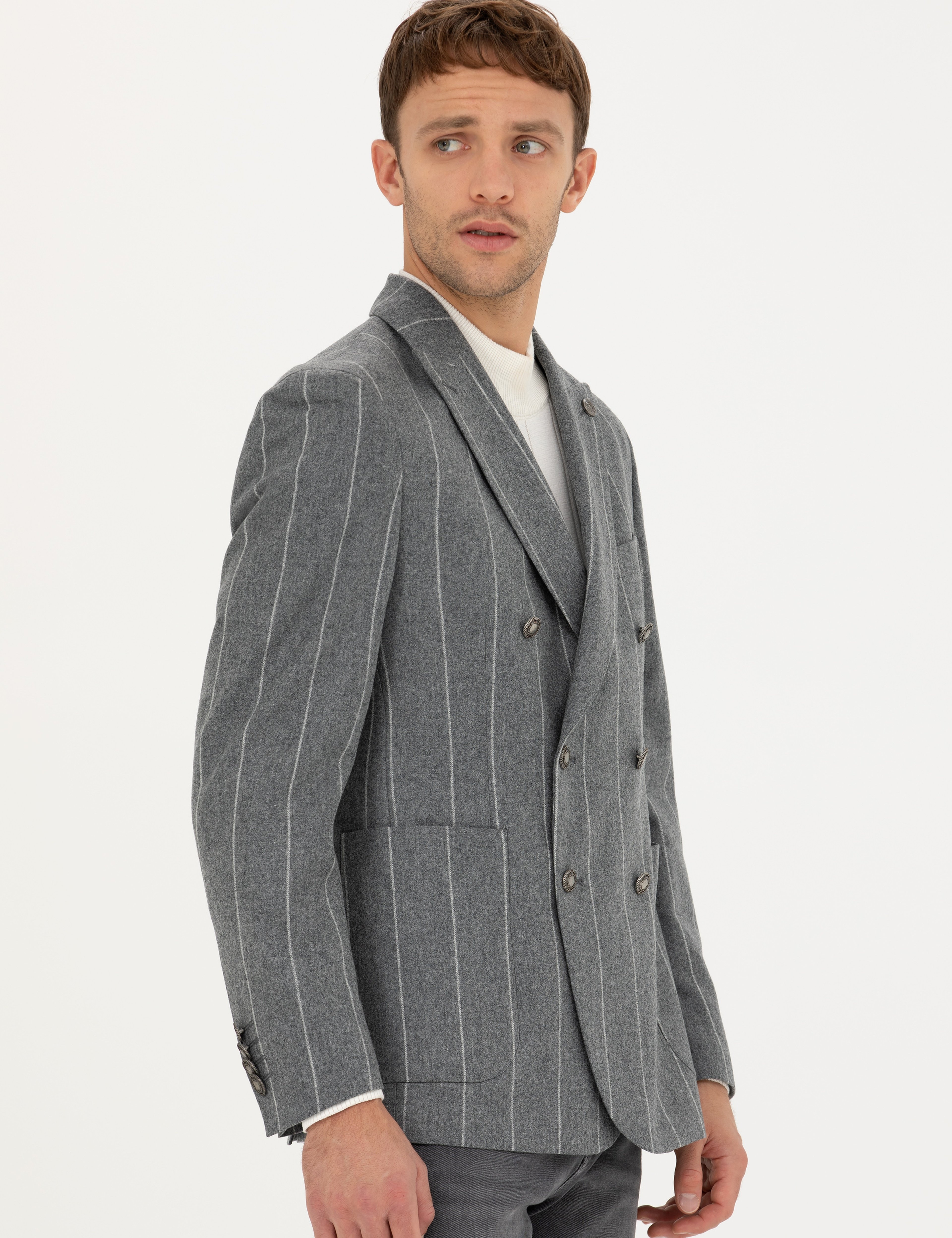 Gri Ex.Slim Fit %100 Yün Çizgili Kruvaze Ceket