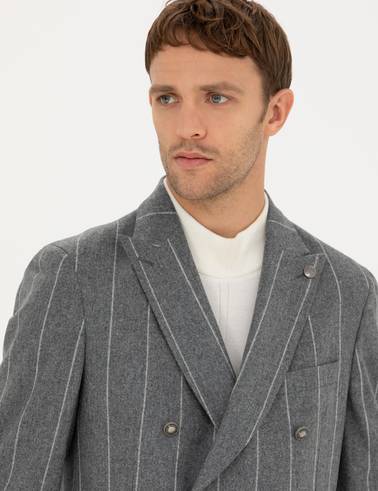 Gri Ex.Slim Fit %100 Yün Çizgili Kruvaze Ceket