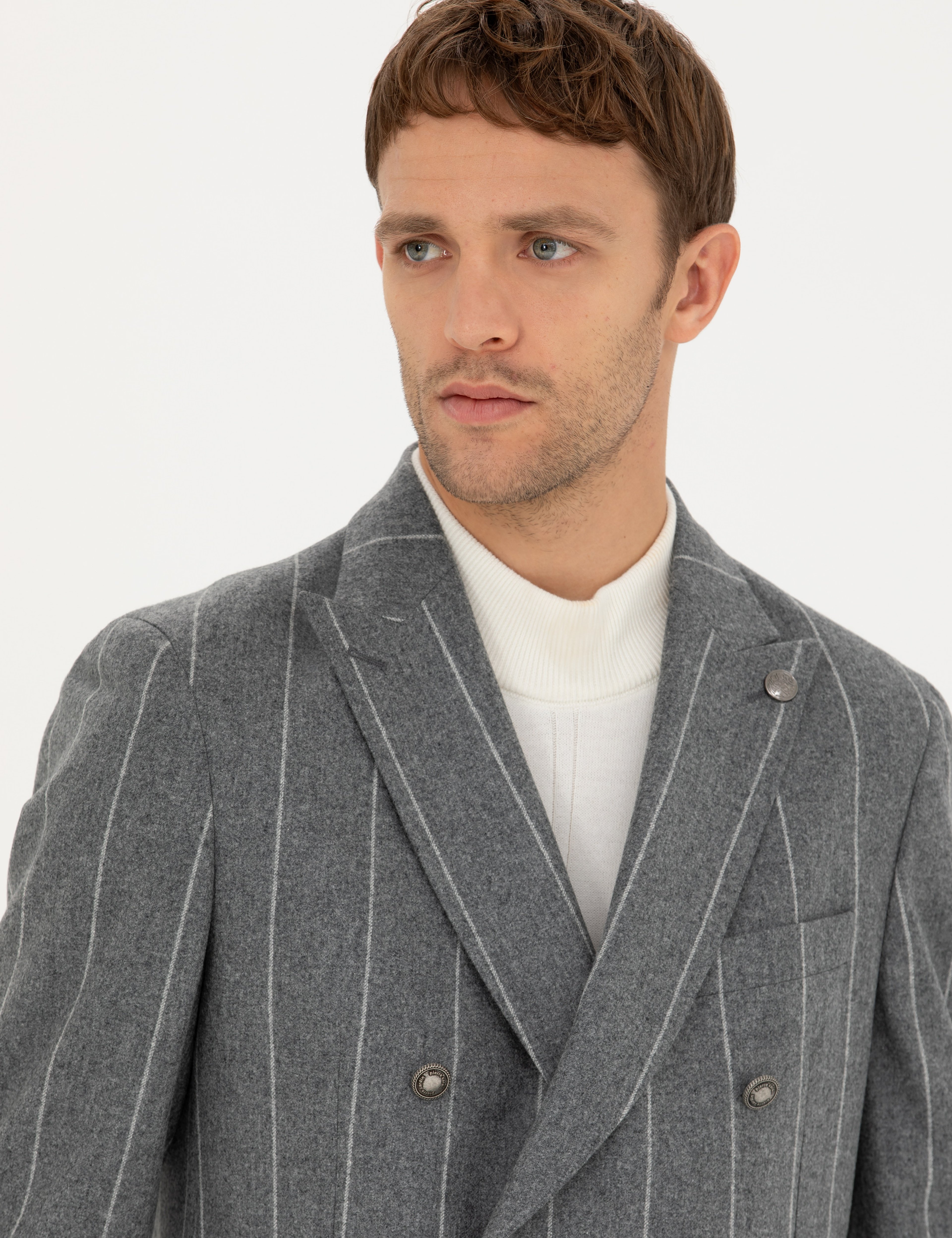 Gri Ex.Slim Fit %100 Yün Çizgili Kruvaze Ceket