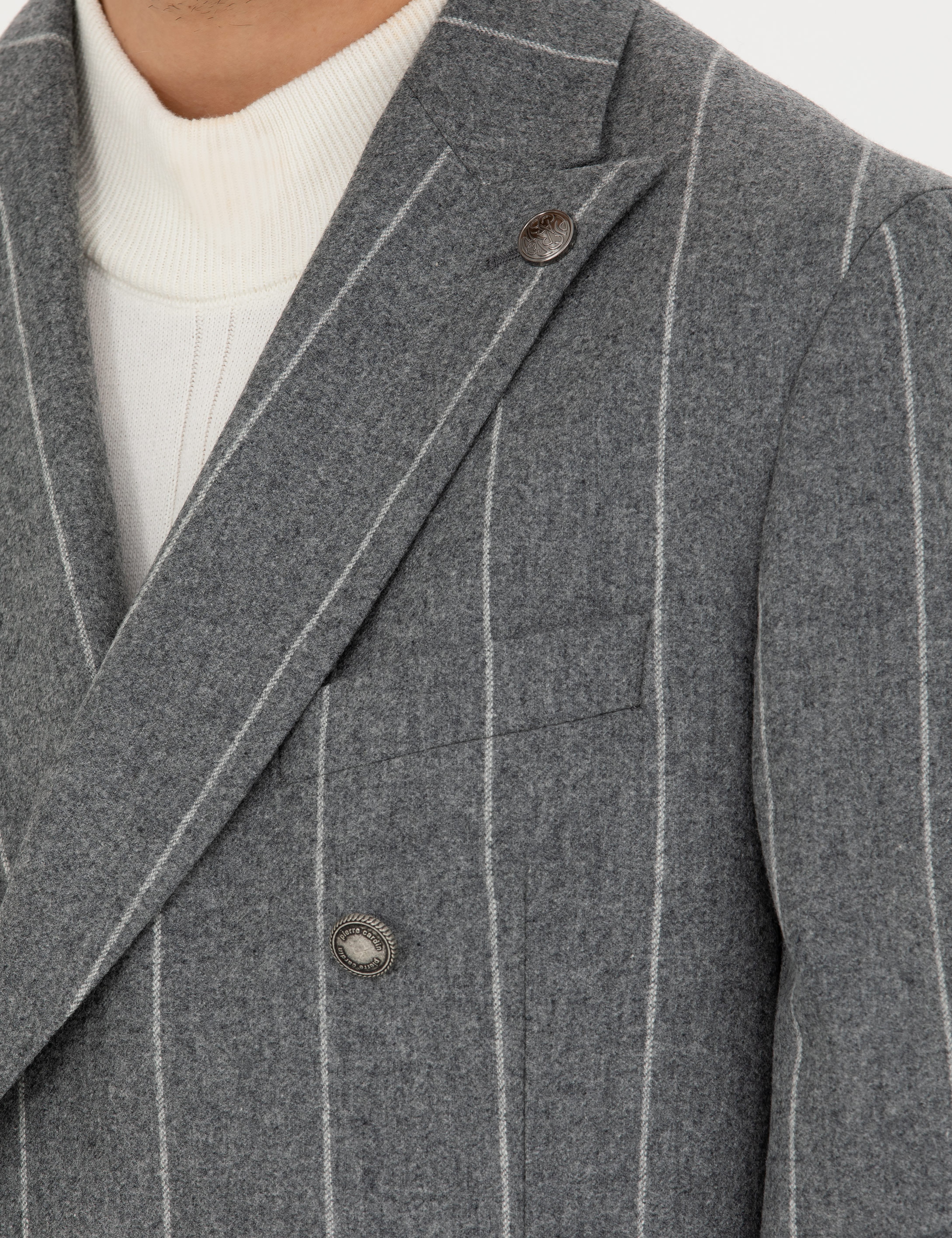 Gri Ex.Slim Fit %100 Yün Çizgili Kruvaze Ceket