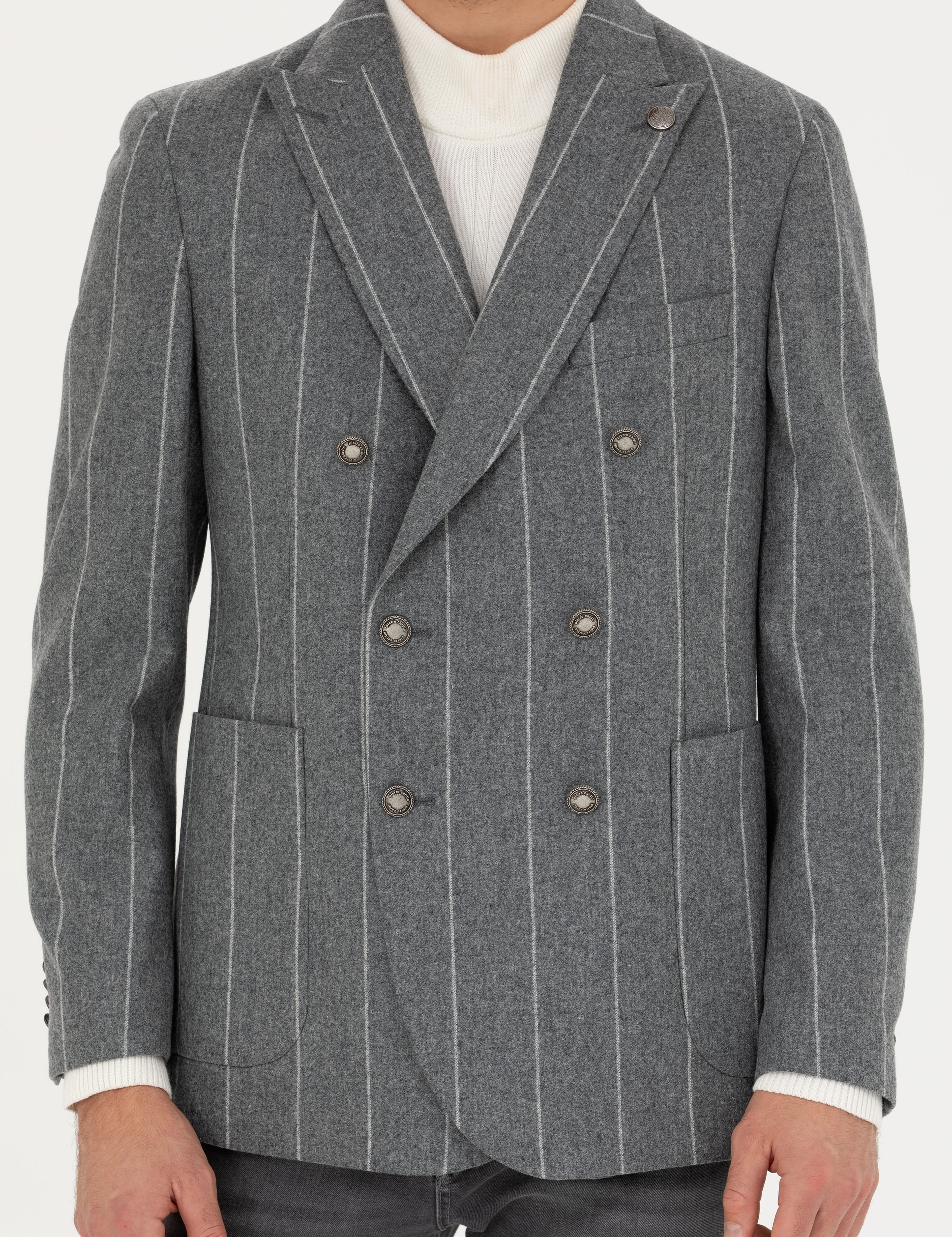 Gri Ex.Slim Fit %100 Yün Çizgili Kruvaze Ceket - Image 6