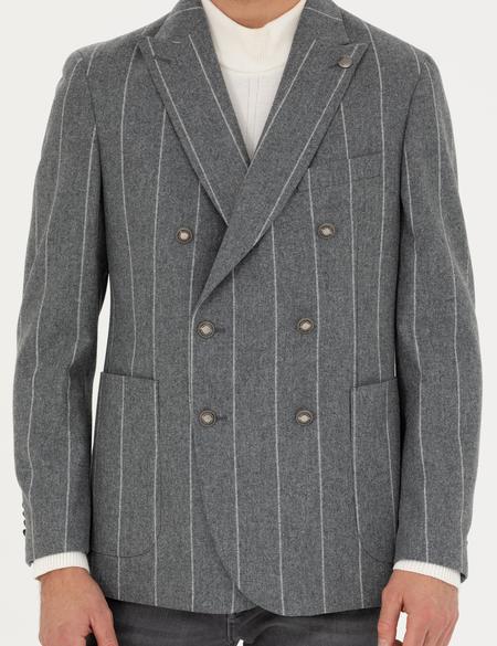 %100 Yün Kruvaze Çizgili Ceket - 50274536008