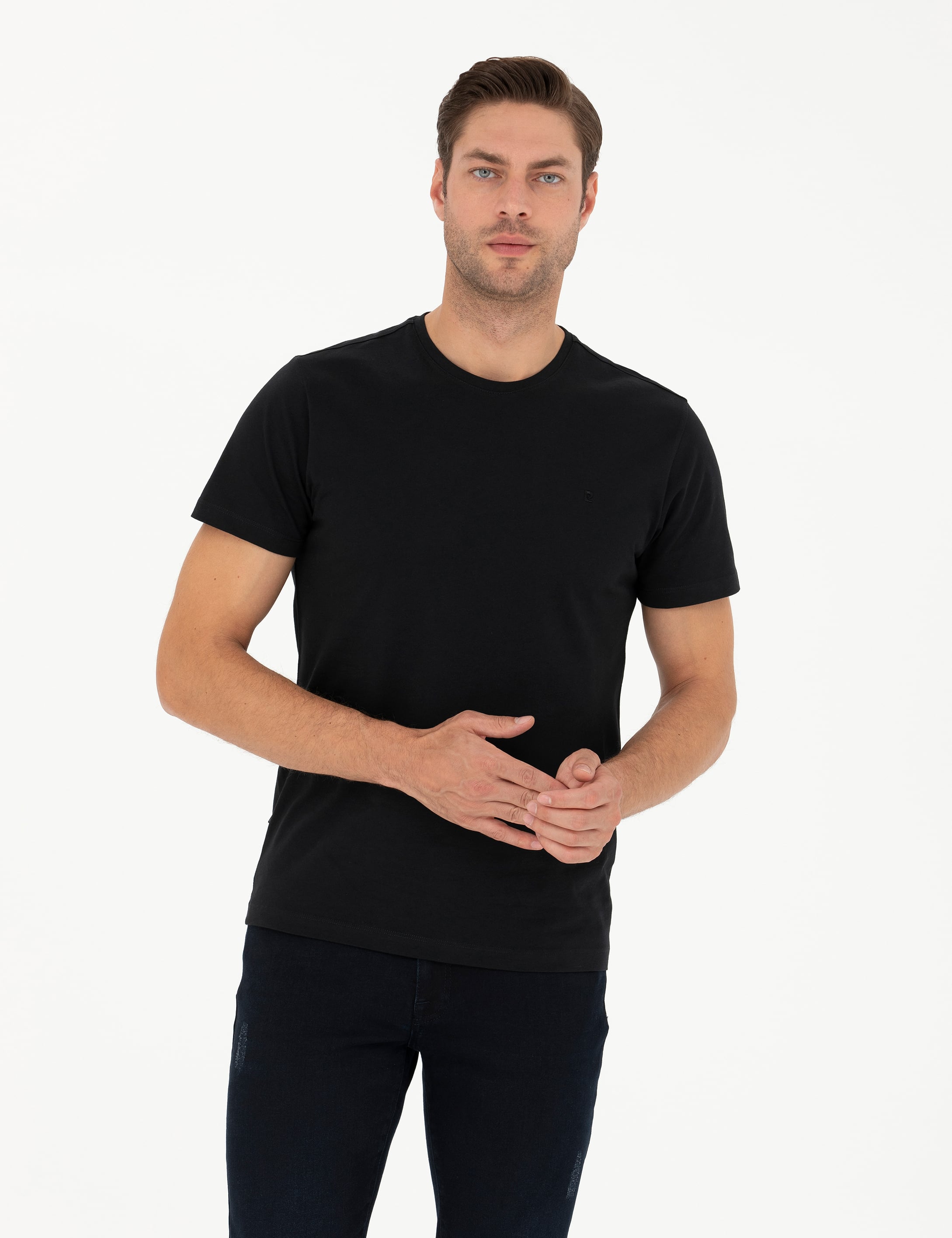 Siyah Slim Fit %100 Pamuk Bisiklet Yaka Basic Tişört