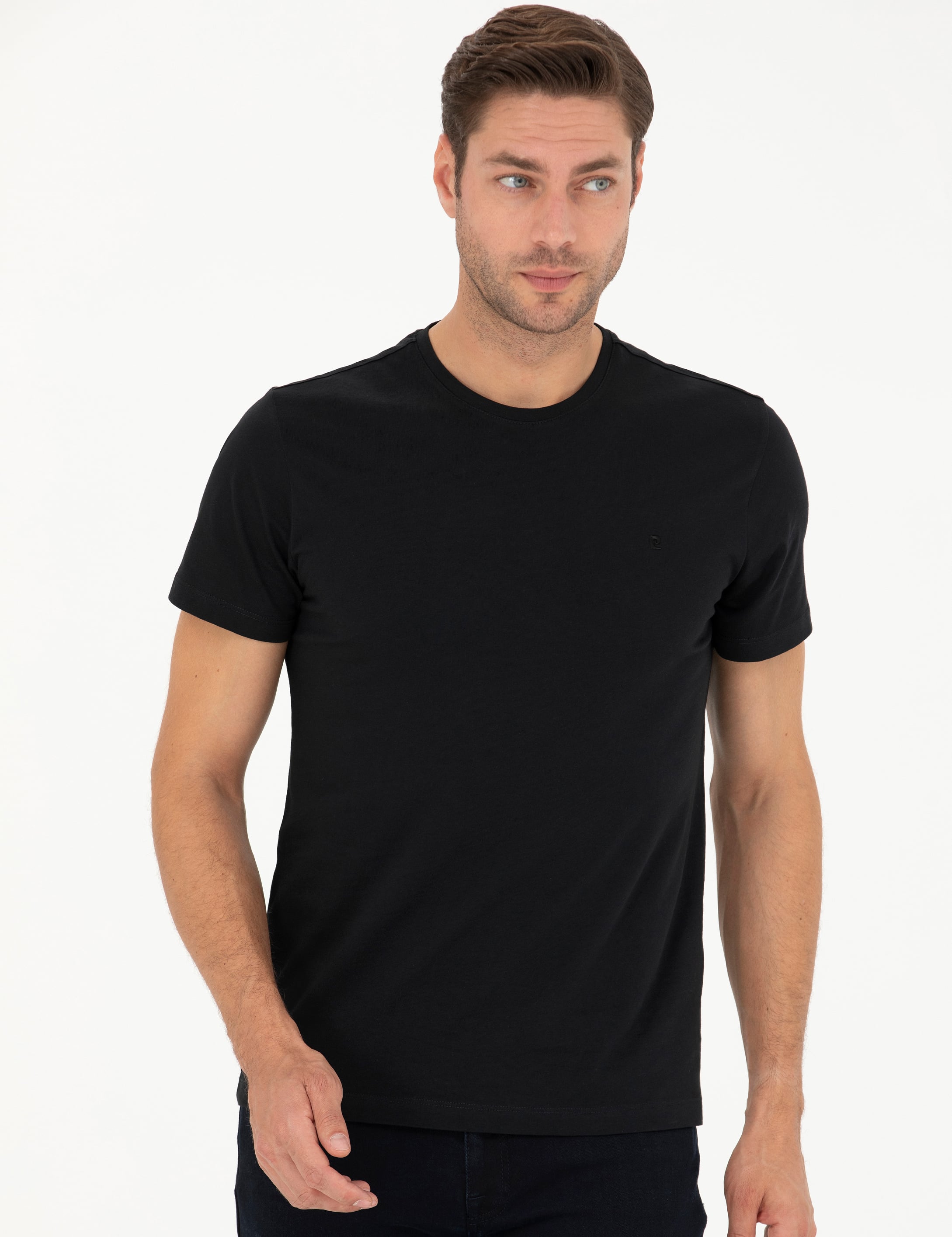 Siyah Slim Fit %100 Pamuk Bisiklet Yaka Basic Tişört