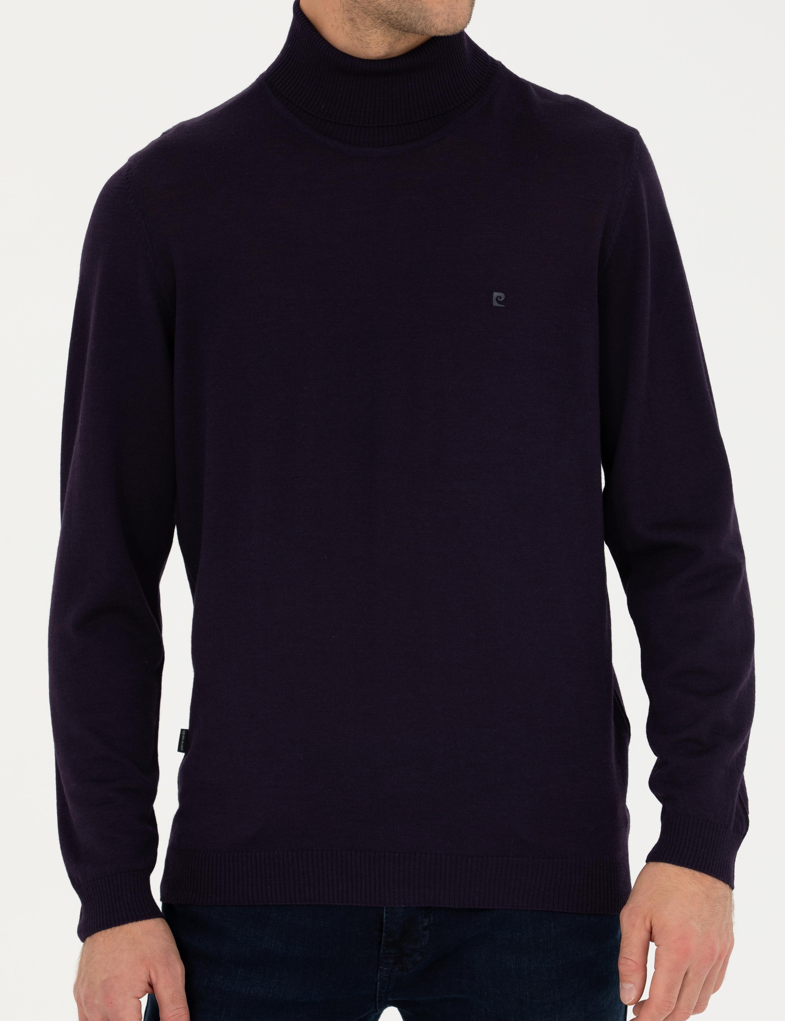 Mor Slim Fit Balıkçı Yaka Yün Karışımlı Basic Triko Kazak