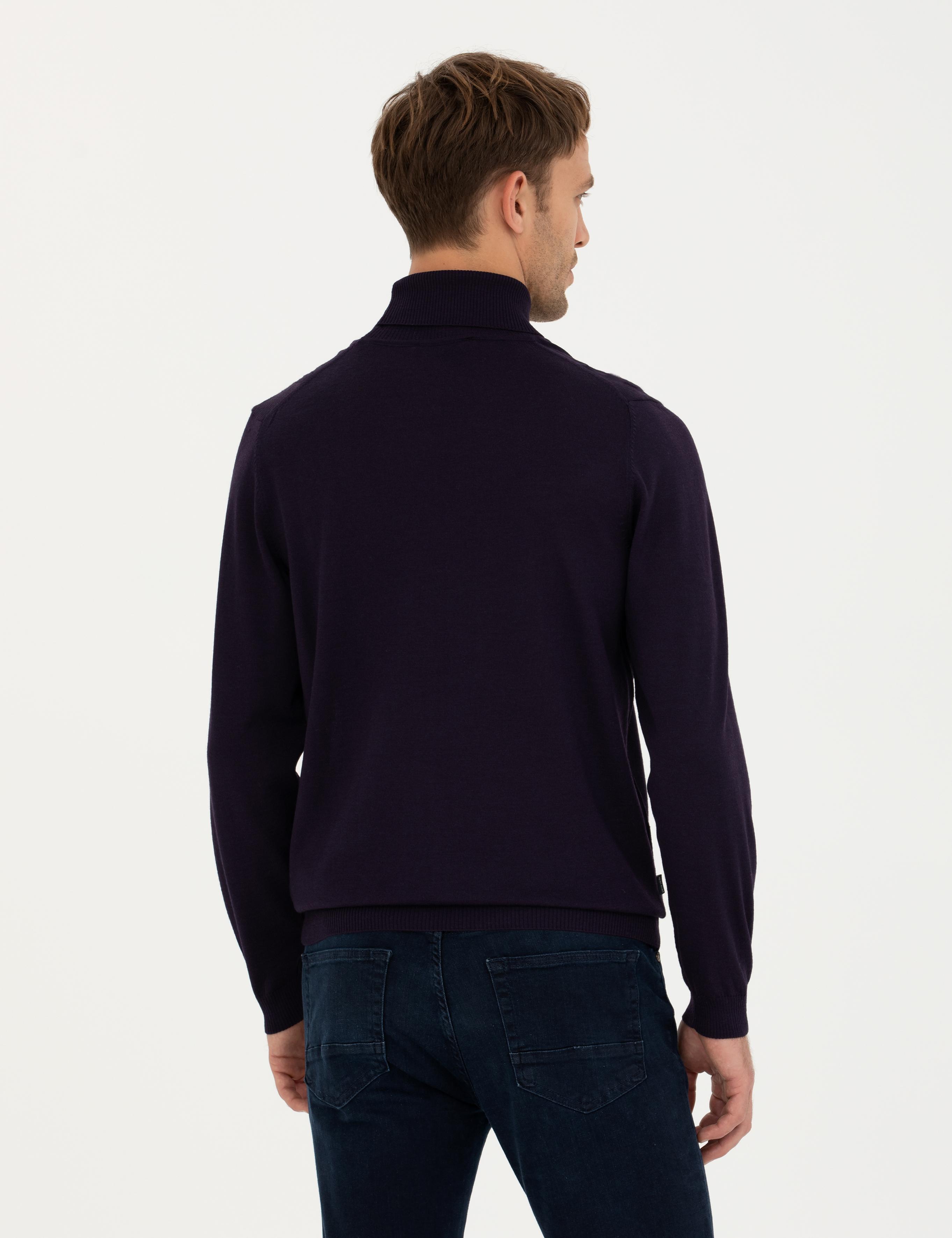 Mor Slim Fit Balıkçı Yaka Yün Karışımlı Basic Triko Kazak