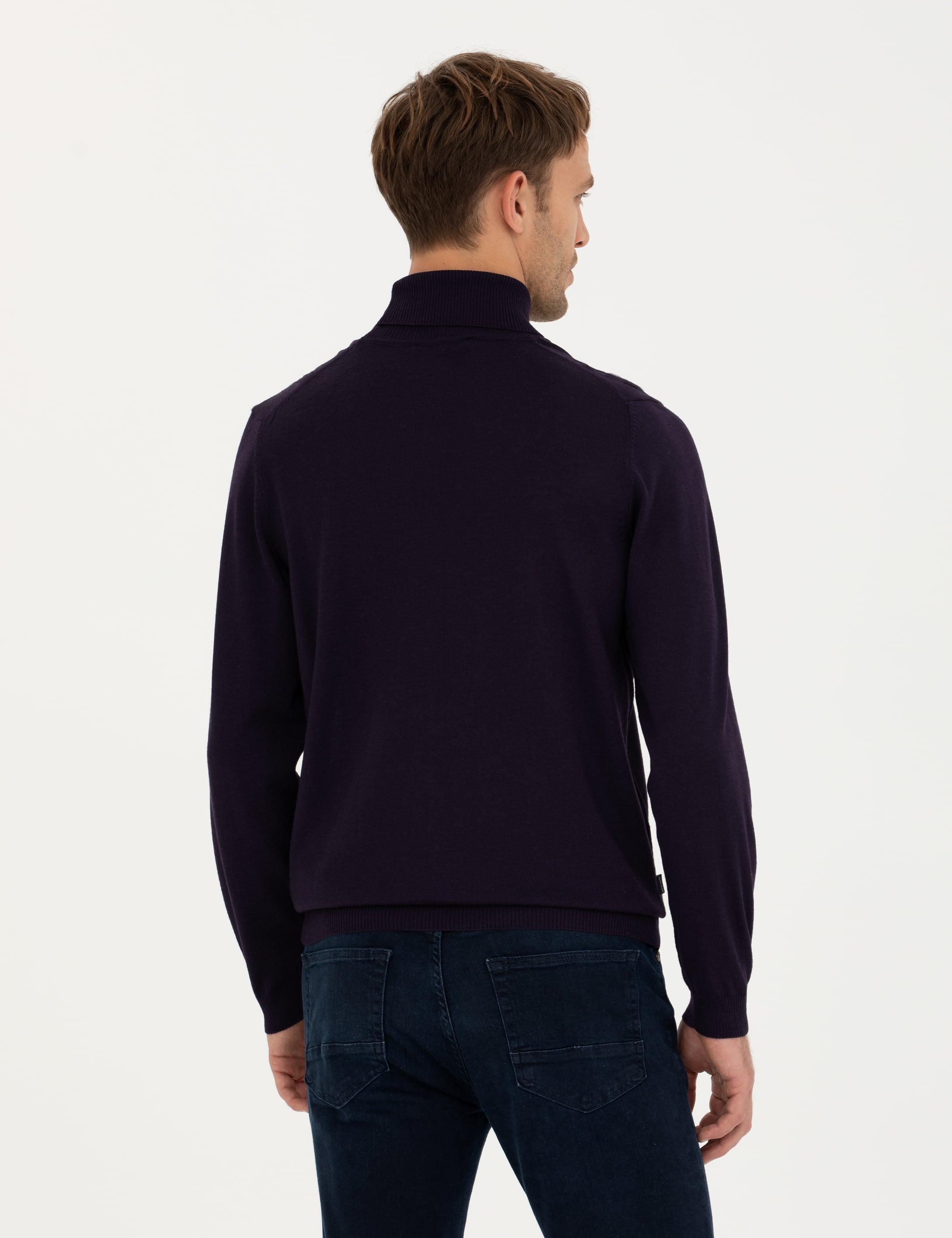 Mor Slim Fit Balıkçı Yaka Yün Karışımlı Basic Triko Kazak