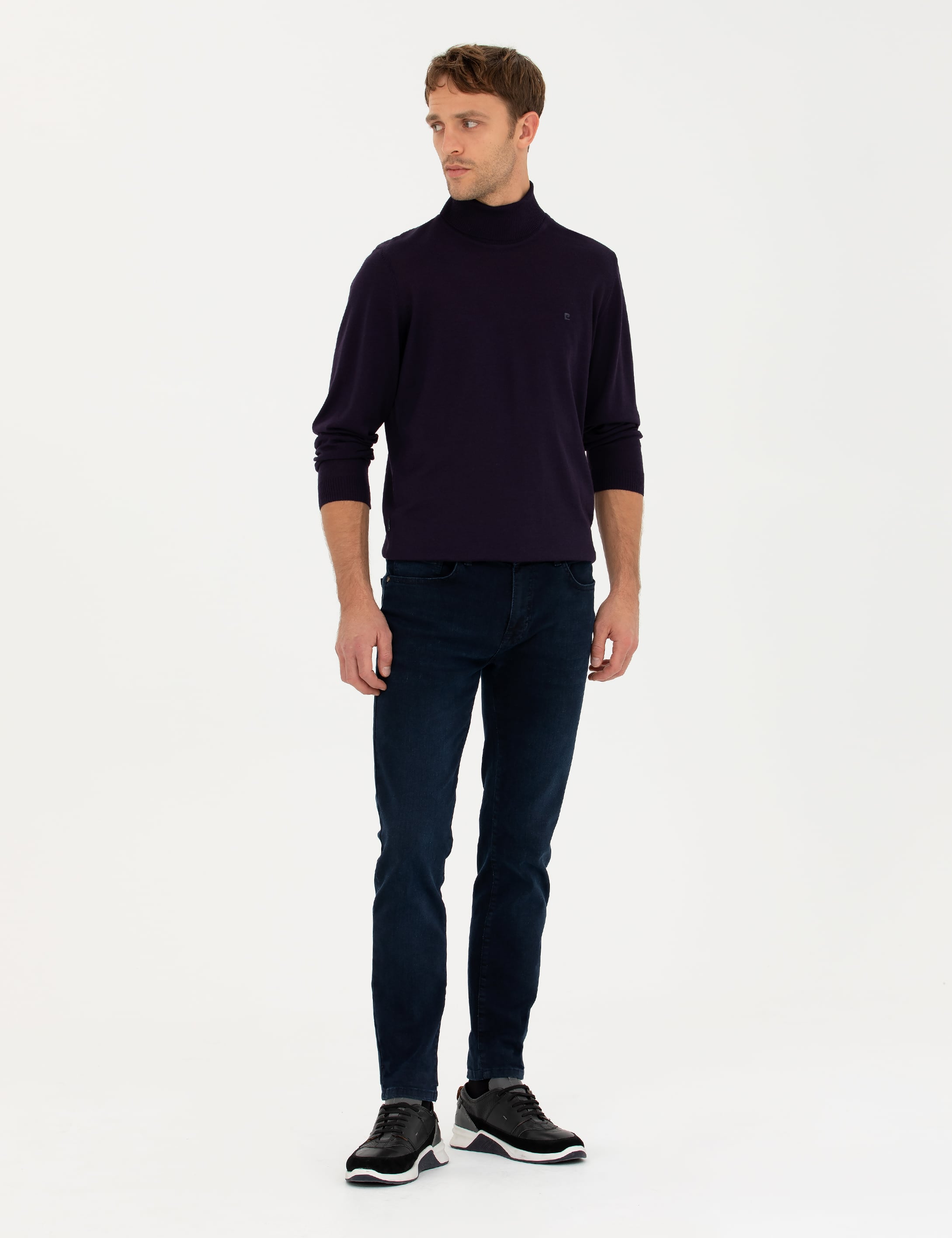 Mor Slim Fit Balıkçı Yaka Yün Karışımlı Basic Triko Kazak