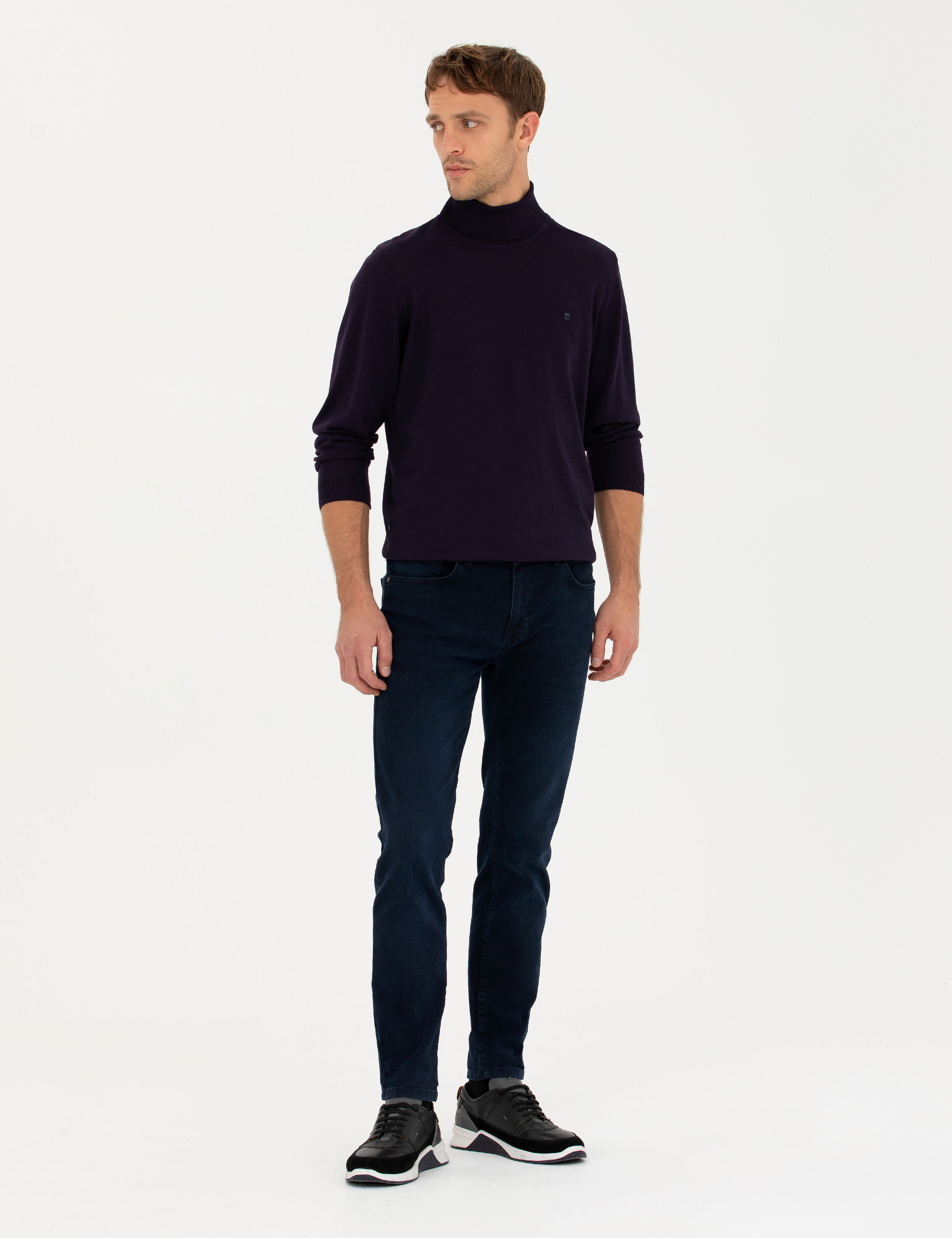 Mor Slim Fit Balıkçı Yaka Yün Karışımlı Basic Triko Kazak
