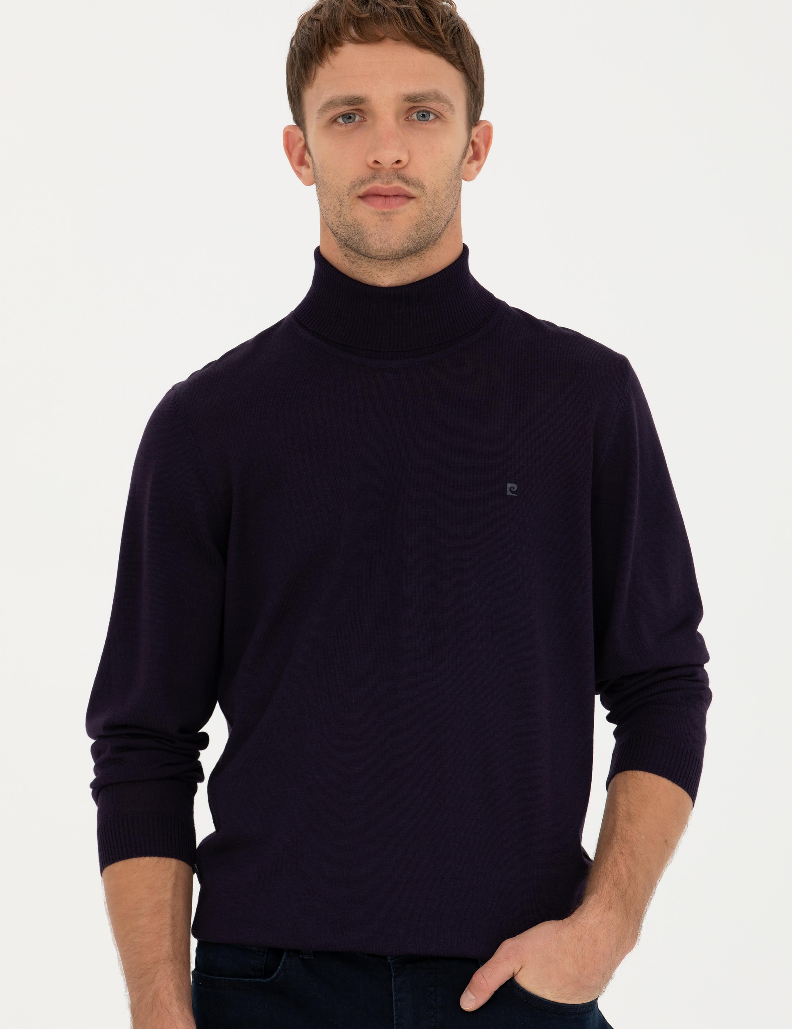 Mor Slim Fit Balıkçı Yaka Yün Karışımlı Basic Triko Kazak