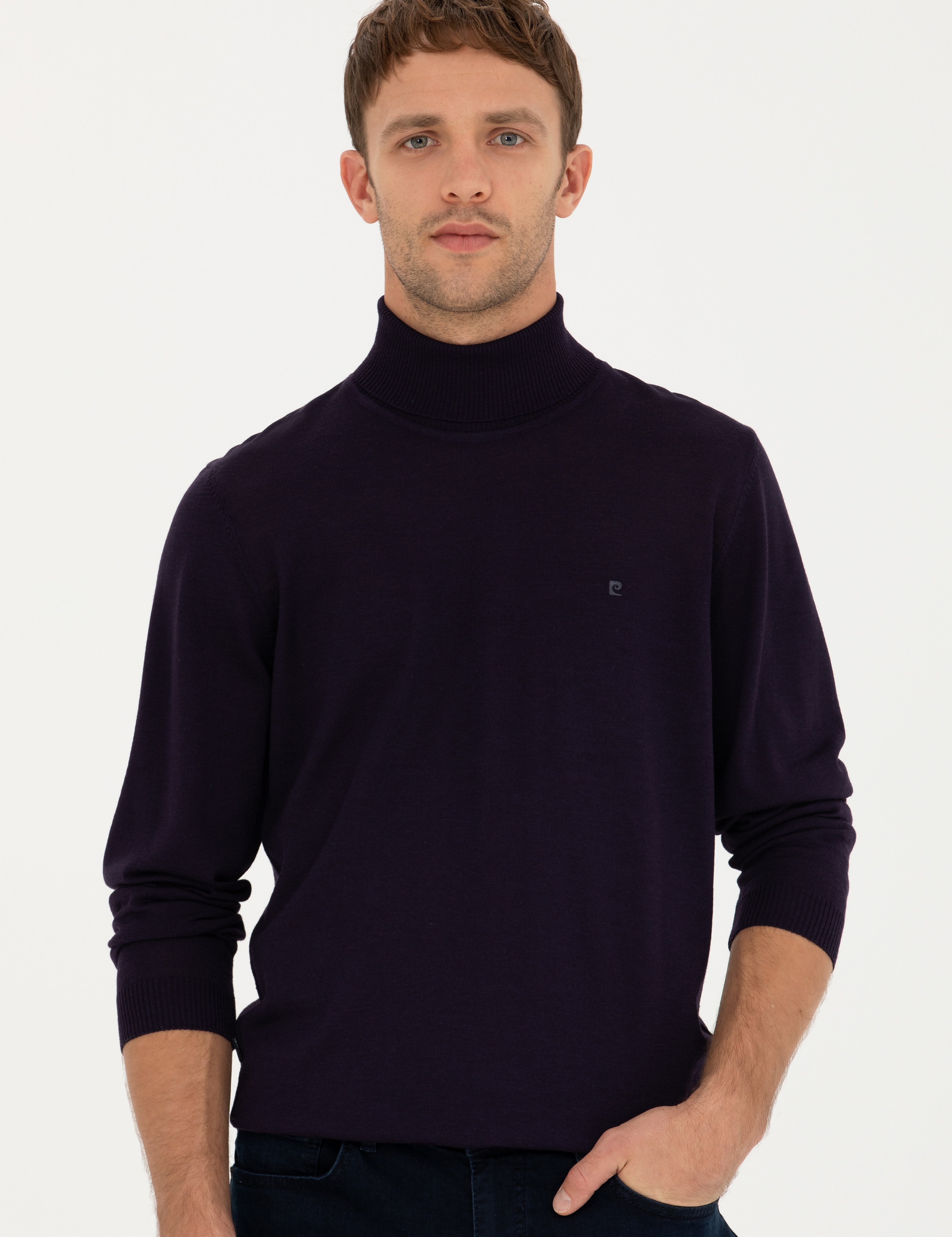 Mor Slim Fit Balıkçı Yaka Yün Karışımlı Basic Triko Kazak - Image 3