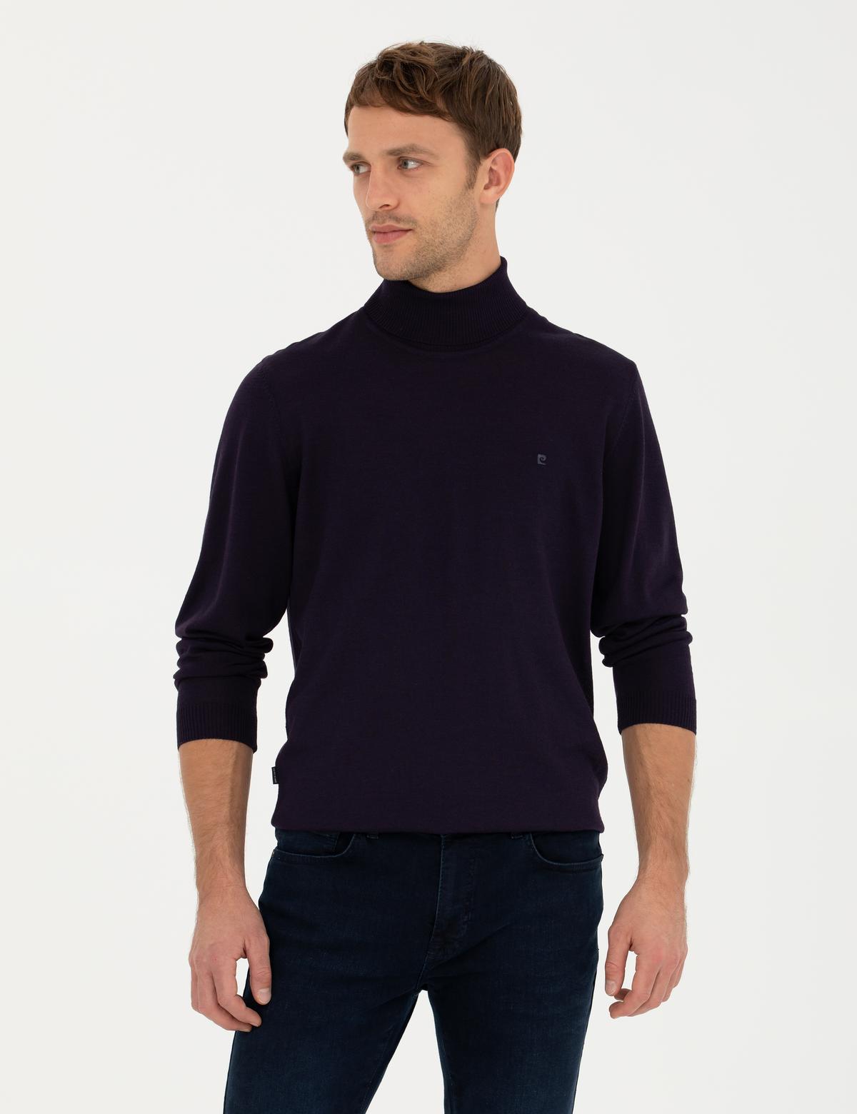 Mor Slim Fit Balıkçı Yaka Yün Karışımlı Basic Triko Kazak